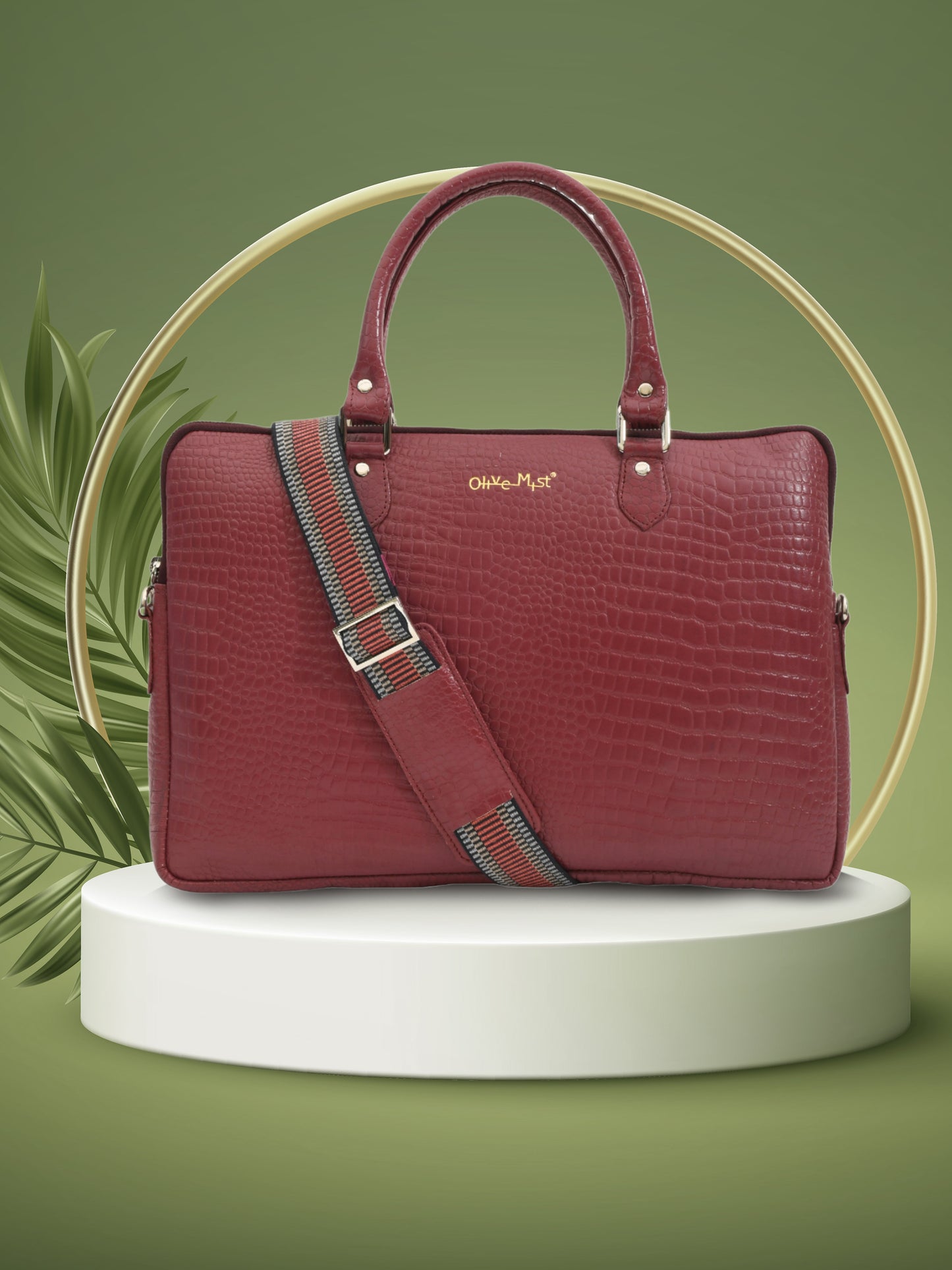 Unisex Genuine Leather Laptop Bag - Maroon Croco Textured 16 Inches (OMLB-001-C-MAROON)
