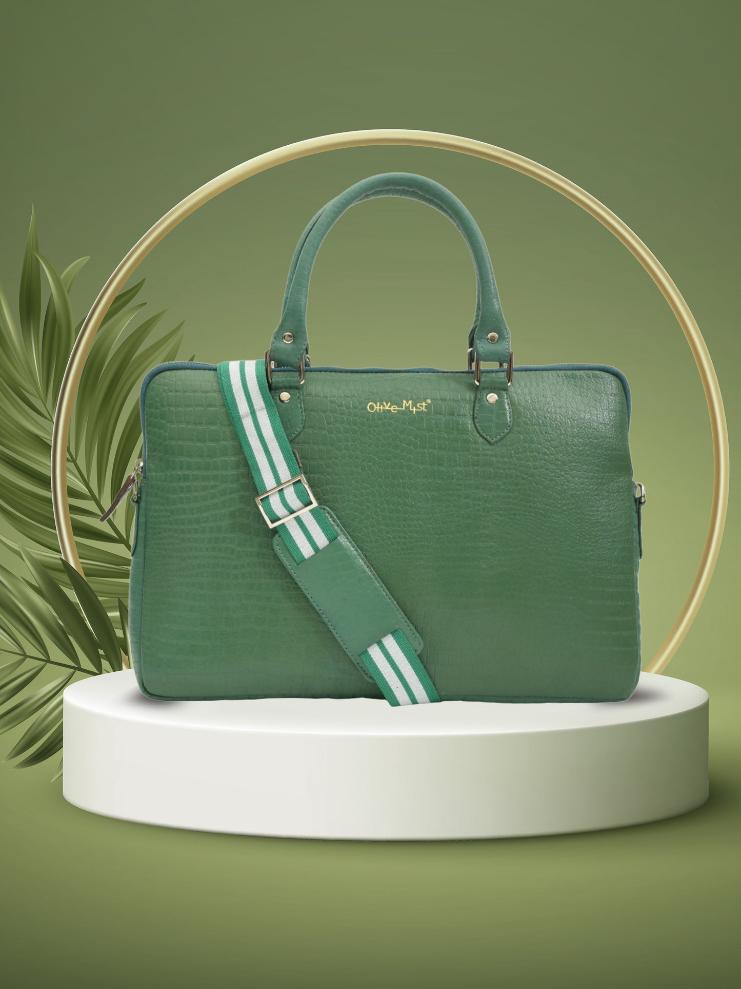 Unisex Genuine Leather Laptop Bag - Green Croco Textured 16 Inches (OMLB-001-C-GREEN)