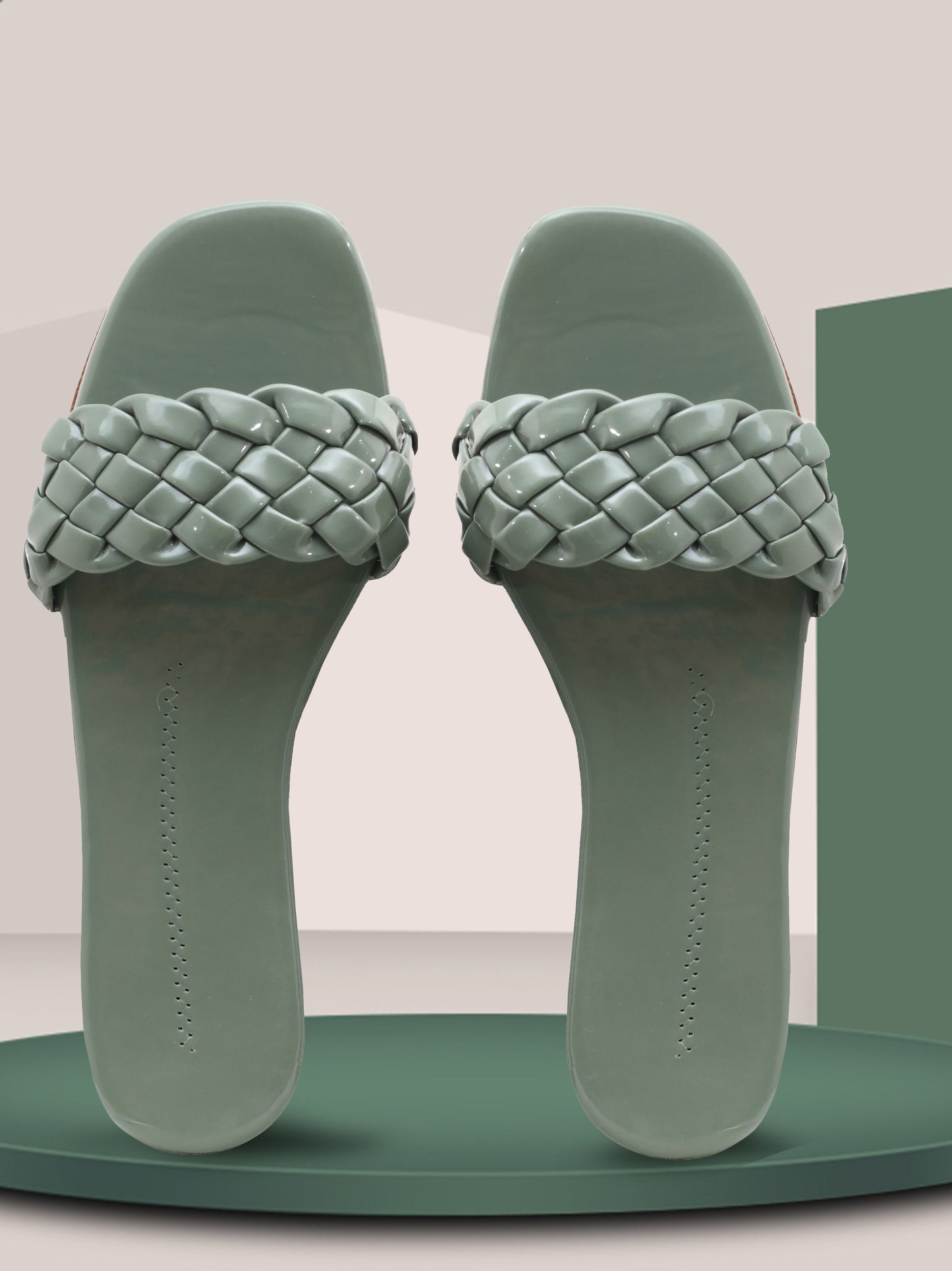 Women Woven Design Open Toe Flats (OMFLT-004-GREEN)