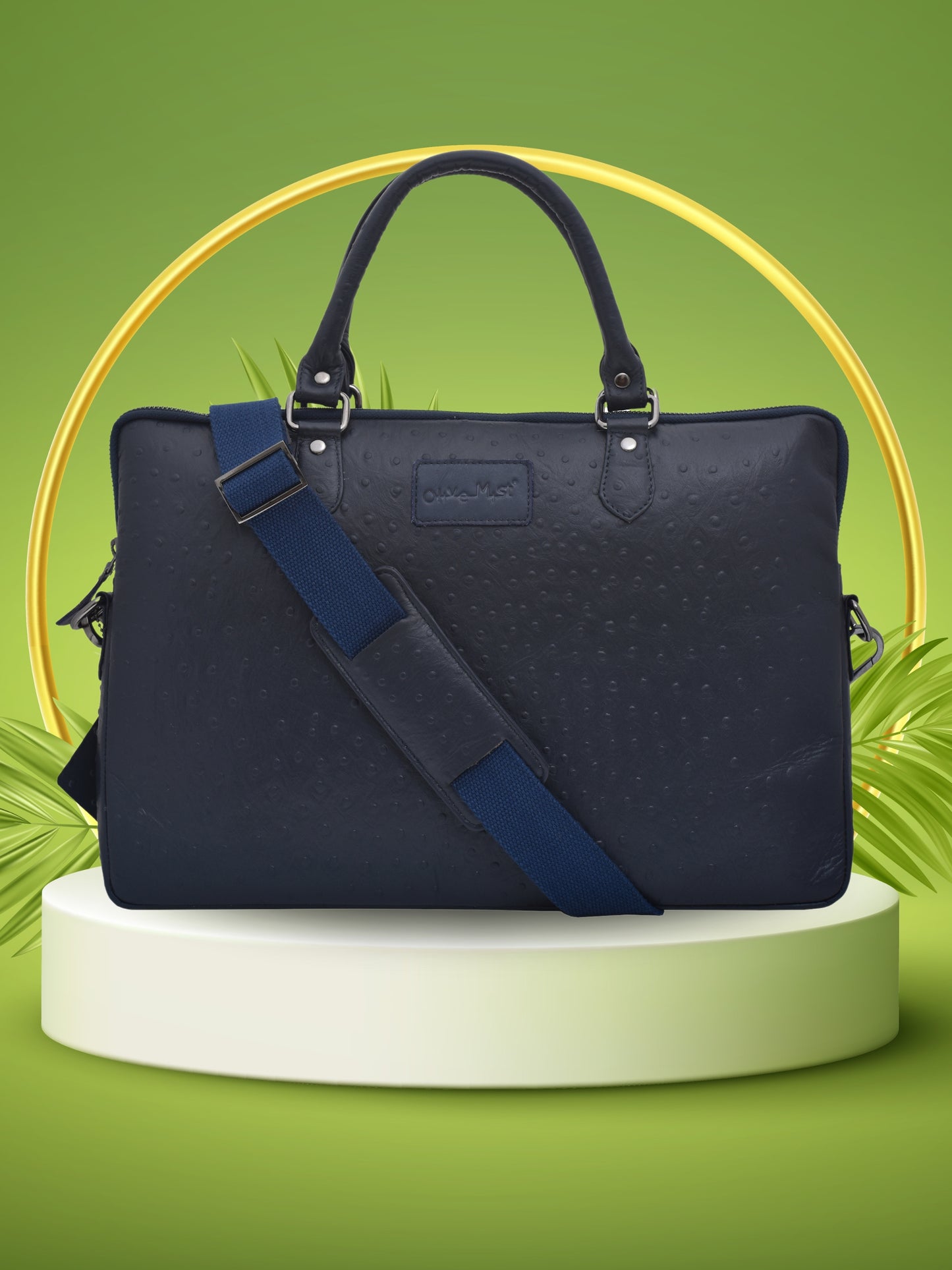 Unisex Navy Blue Ostrich Printed Leather Laptop Bag 16 Inch (OMLB-001-O-BLUE)