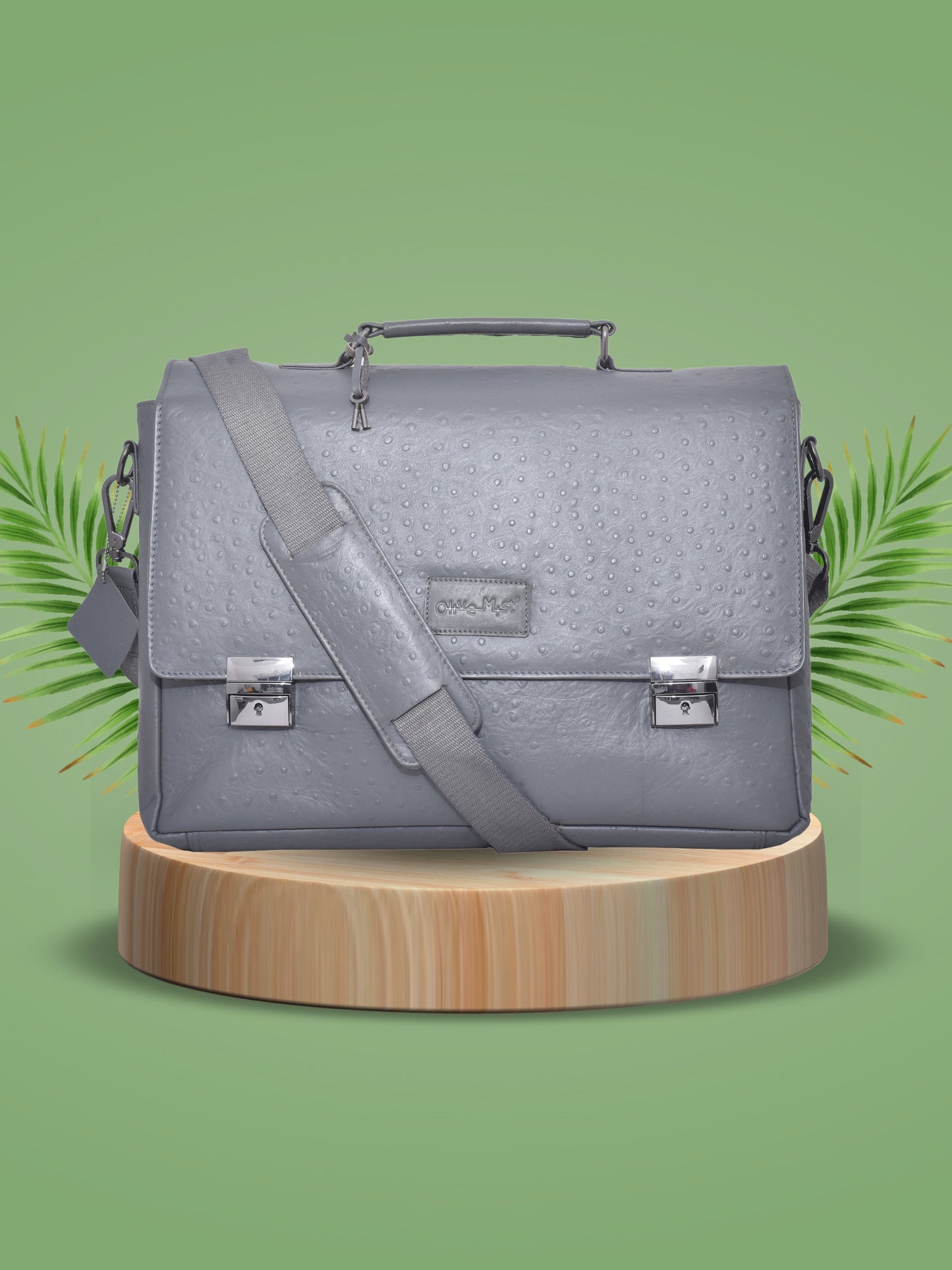 Unisex Grey Ostrich Textured Leather Laptop Bag With Lock & Key 16 Inch (OMLB-004-O-GREY)