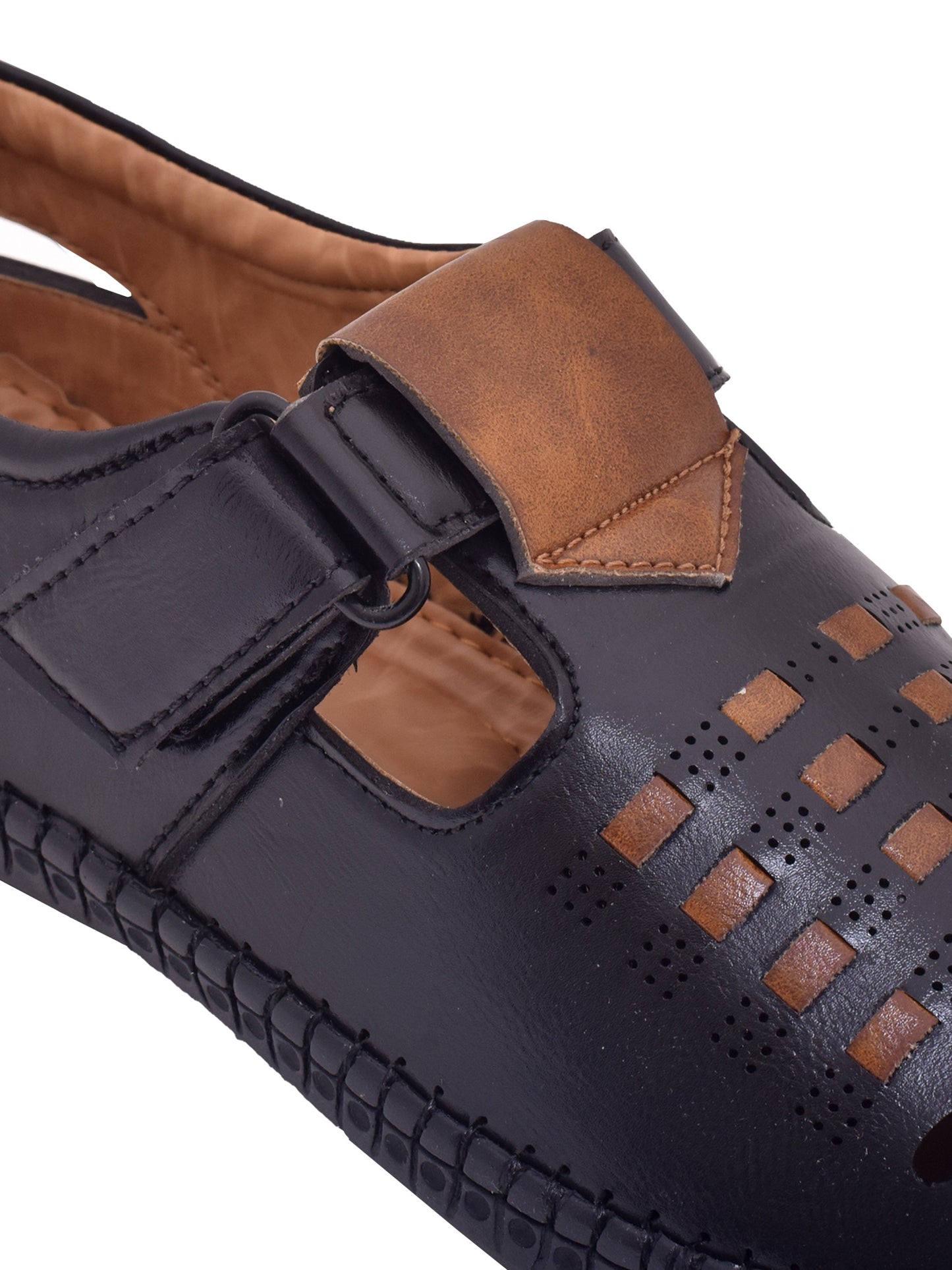 Men Black Brown Vegan Shoe-Style Ethnic Sandals (OMCS-02-BLACK)