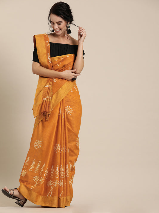 Mustard Yellow and Off-White Silk Blend Printed Bhagalpuri Chanderi Saree (NASR1-01-MUSTARD)