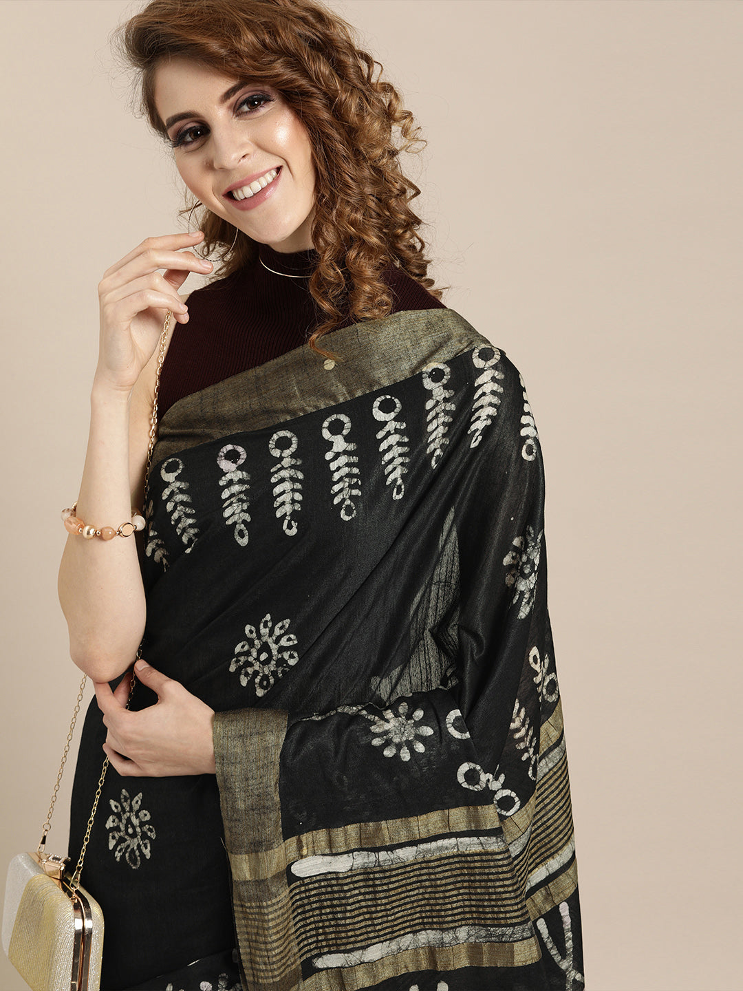 Black & Off-White Silk Blend Batik Printed Bhagalpuri Chanderi Saree (NASR1-04- BLACK)