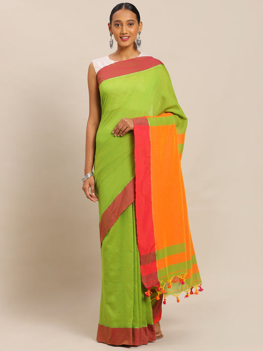 Green & Orange Pure Cotton Solid Saree (NASR2-43-GREEN)