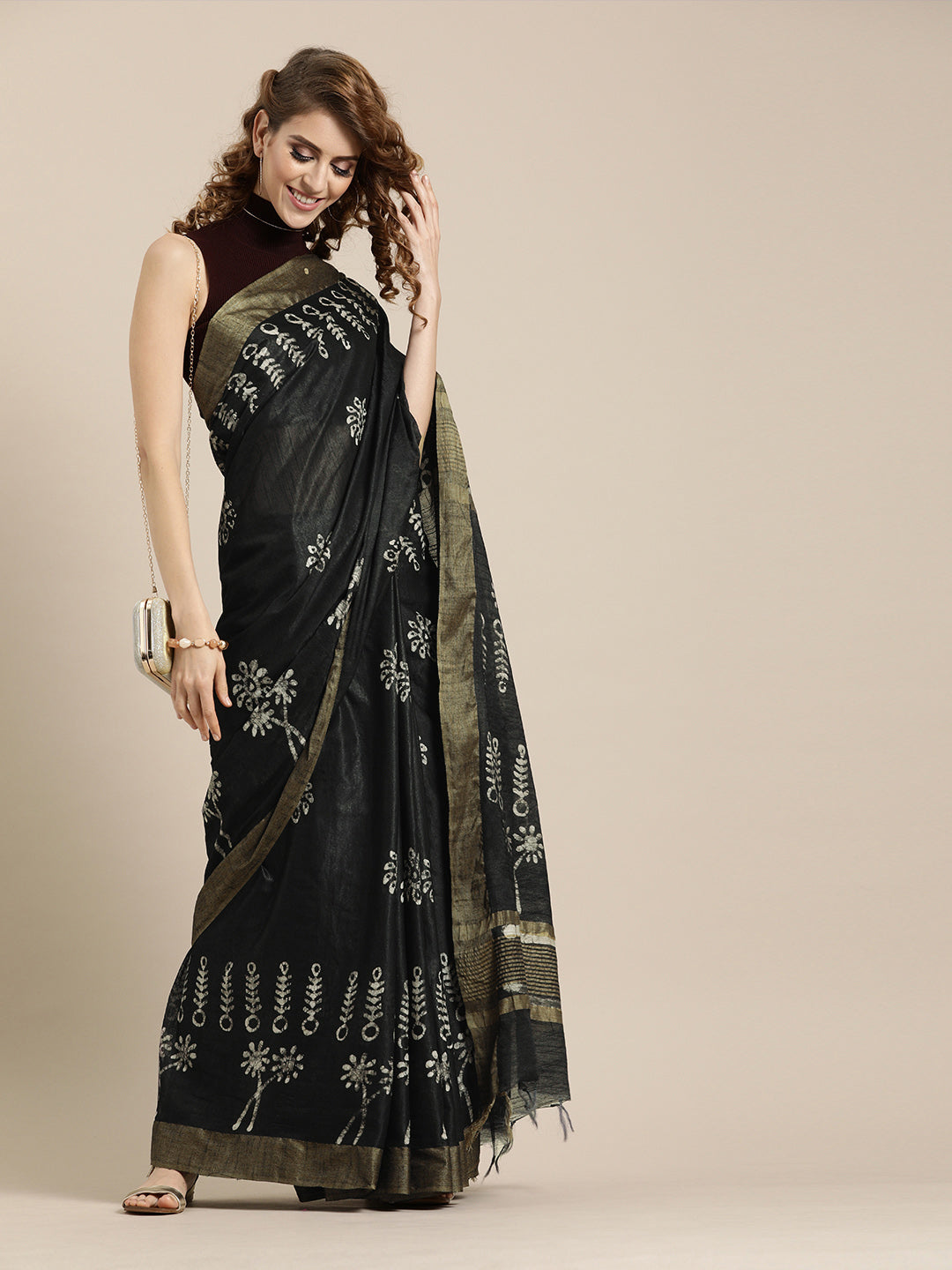 Black & Off-White Silk Blend Batik Printed Bhagalpuri Chanderi Saree (NASR1-04- BLACK)