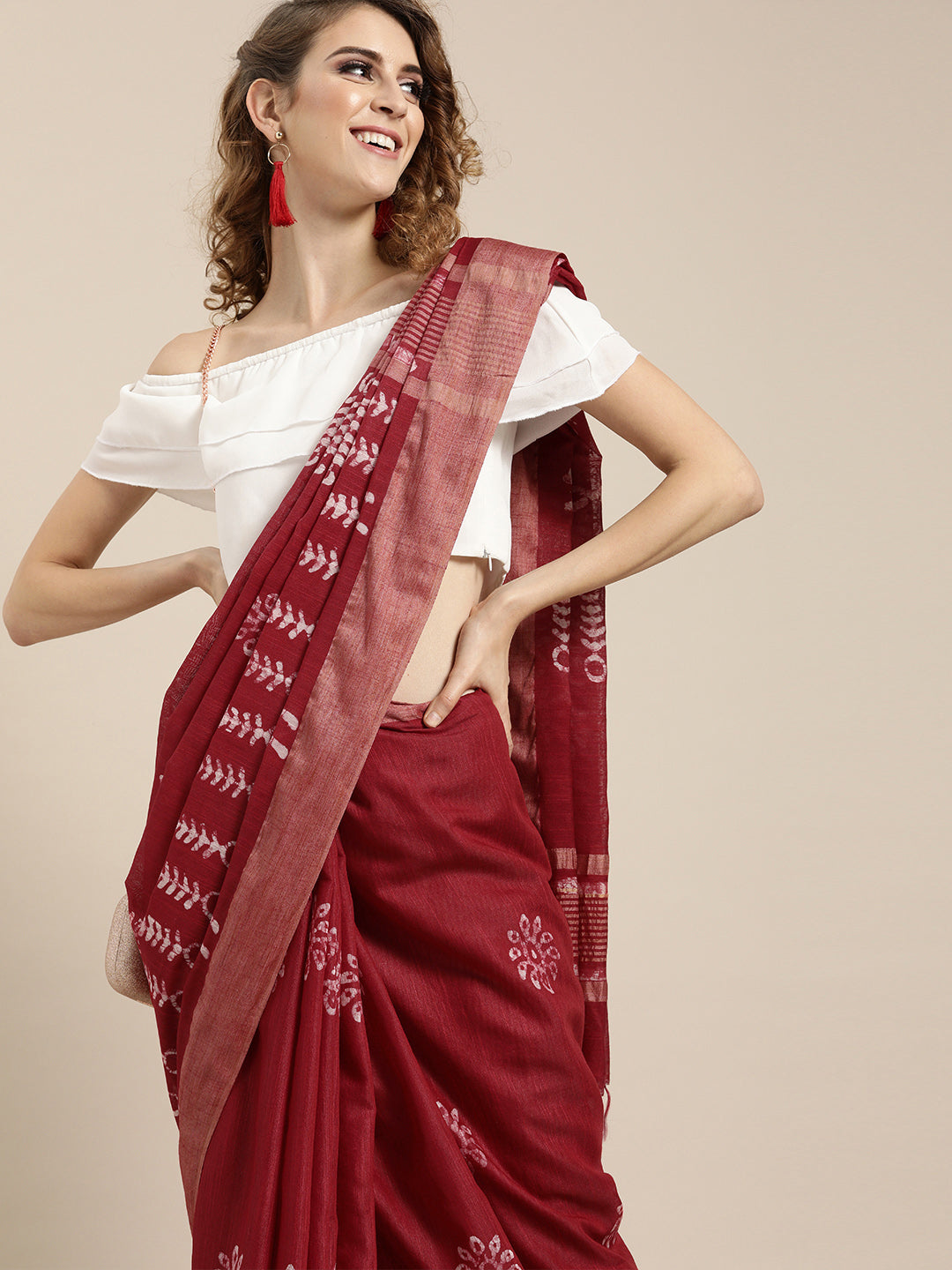 Red Silk Blend Batik Printed Chanderi Saree (NASR1-02-RED)