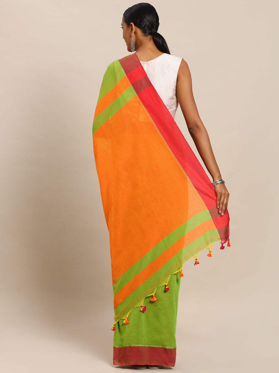 Green & Orange Pure Cotton Solid Saree (NASR2-43-GREEN)