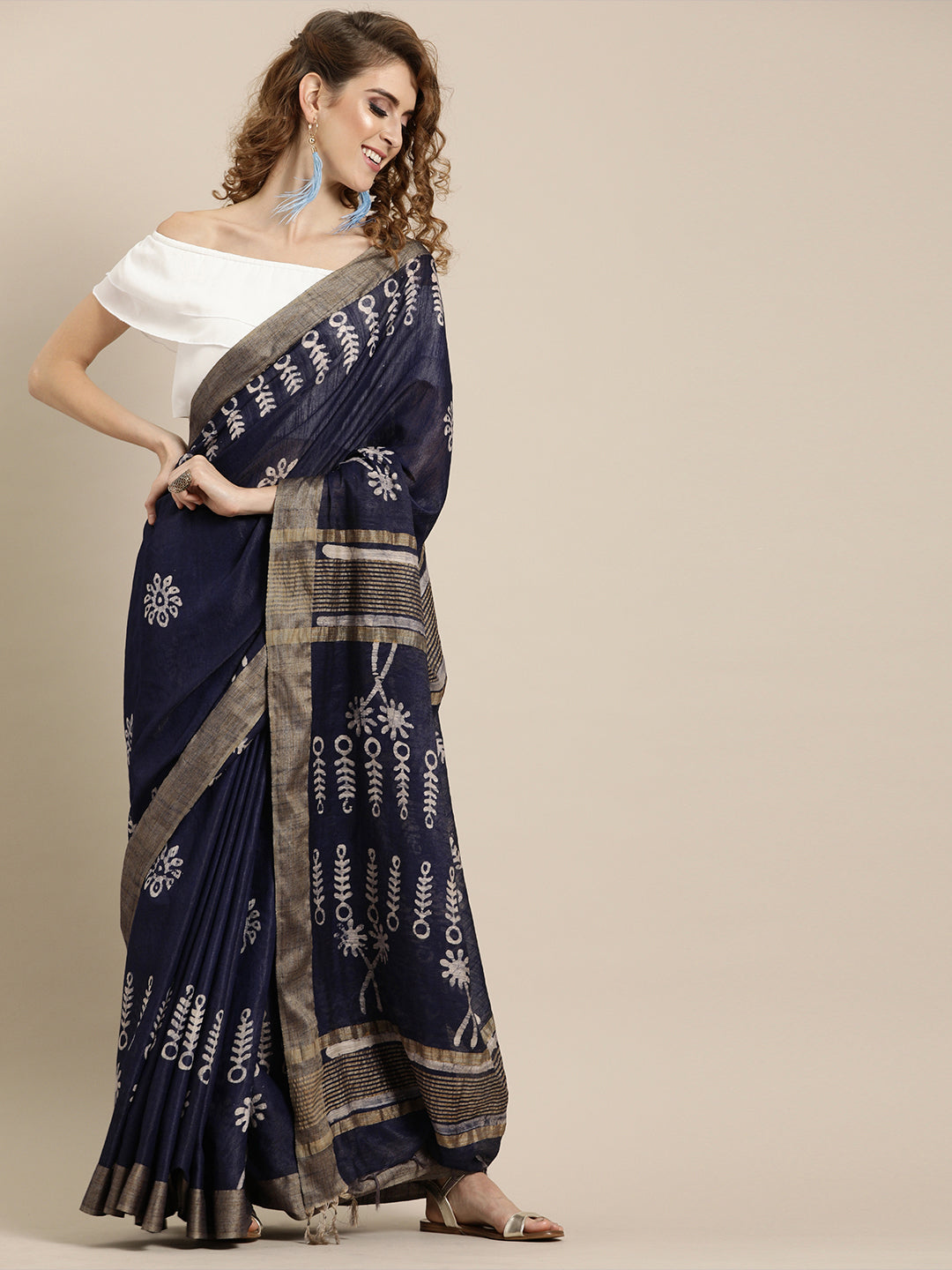 Indigo Blue Silk Blend Batik Print Chanderi Saree (NASR1-05-BLUE)