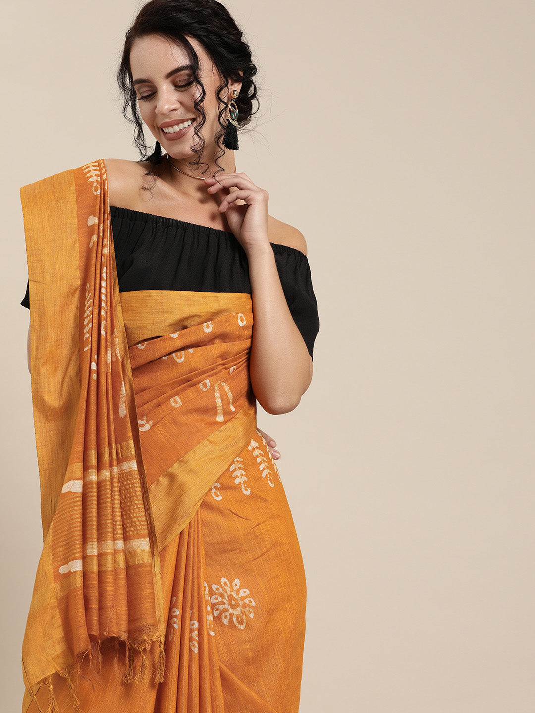 Mustard Yellow and Off-White Silk Blend Printed Bhagalpuri Chanderi Saree (NASR1-01-MUSTARD)