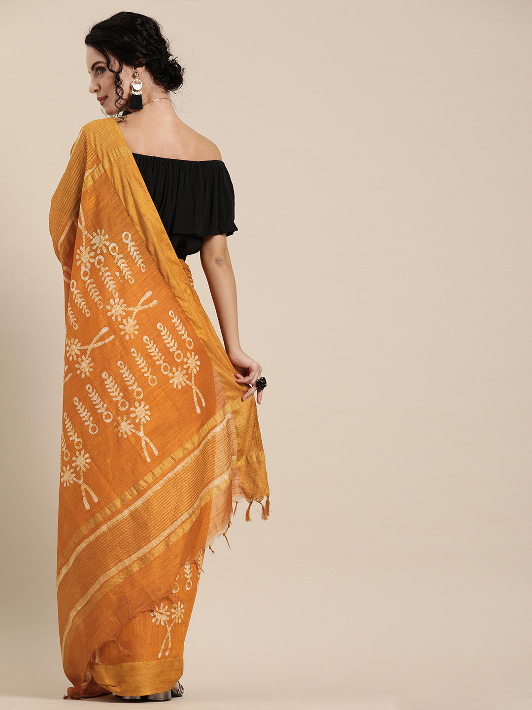 Mustard Yellow and Off-White Silk Blend Printed Bhagalpuri Chanderi Saree (NASR1-01-MUSTARD)