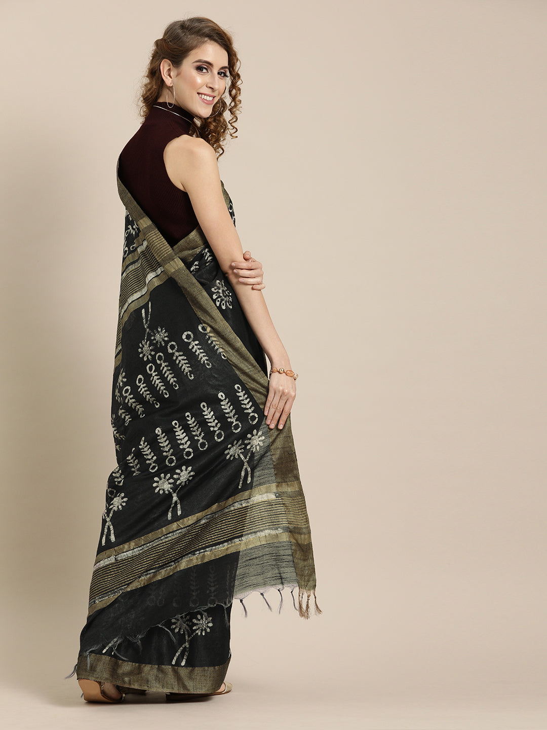 Black & Off-White Silk Blend Batik Printed Bhagalpuri Chanderi Saree (NASR1-04- BLACK)