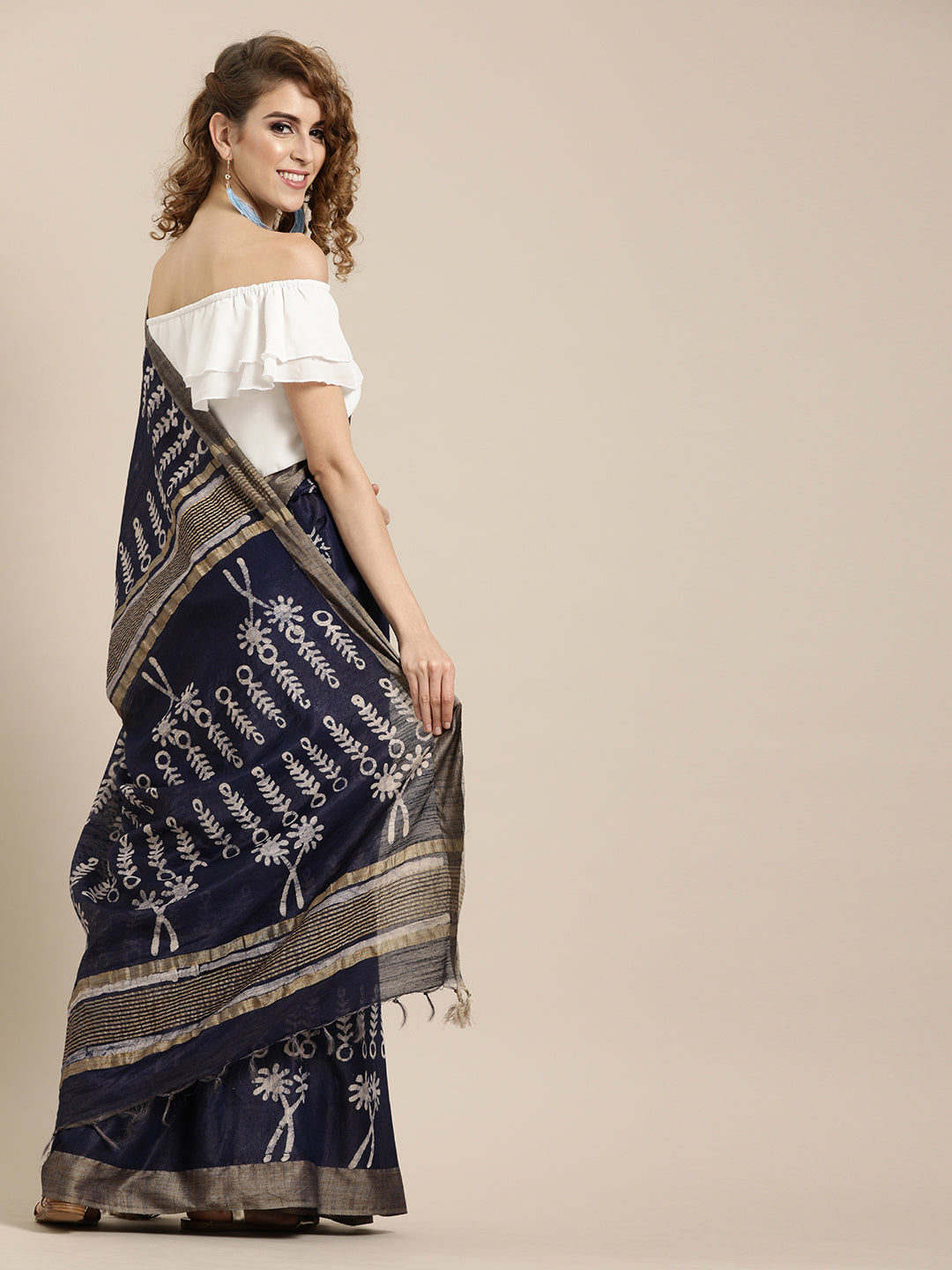 Indigo Blue Silk Blend Batik Print Chanderi Saree (NASR1-05-BLUE)