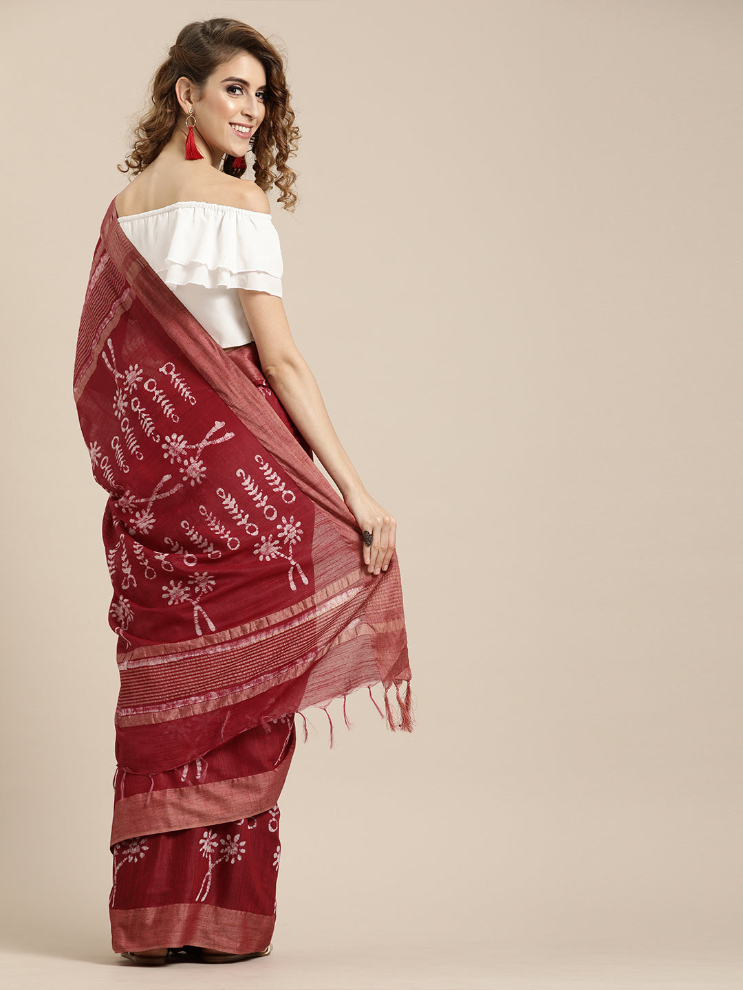 Red Silk Blend Batik Printed Chanderi Saree (NASR1-02-RED)