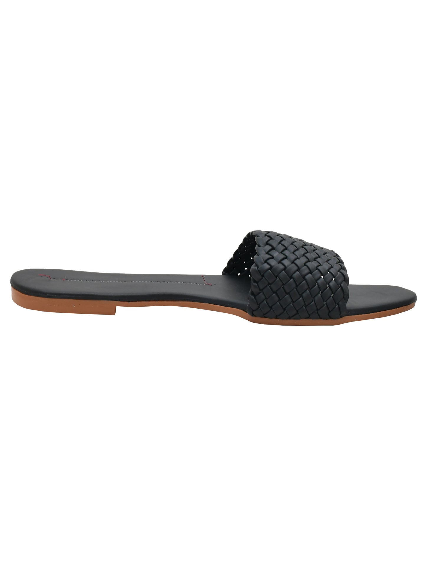 Women Woven Design Open Toe Flats (OMFLT-005-BLACK)