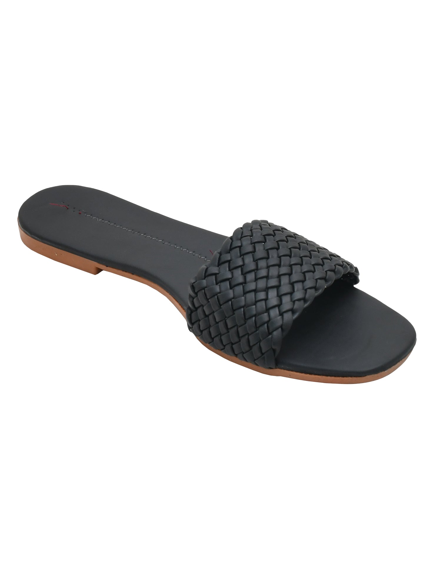 Women Woven Design Open Toe Flats (OMFLT-005-BLACK)