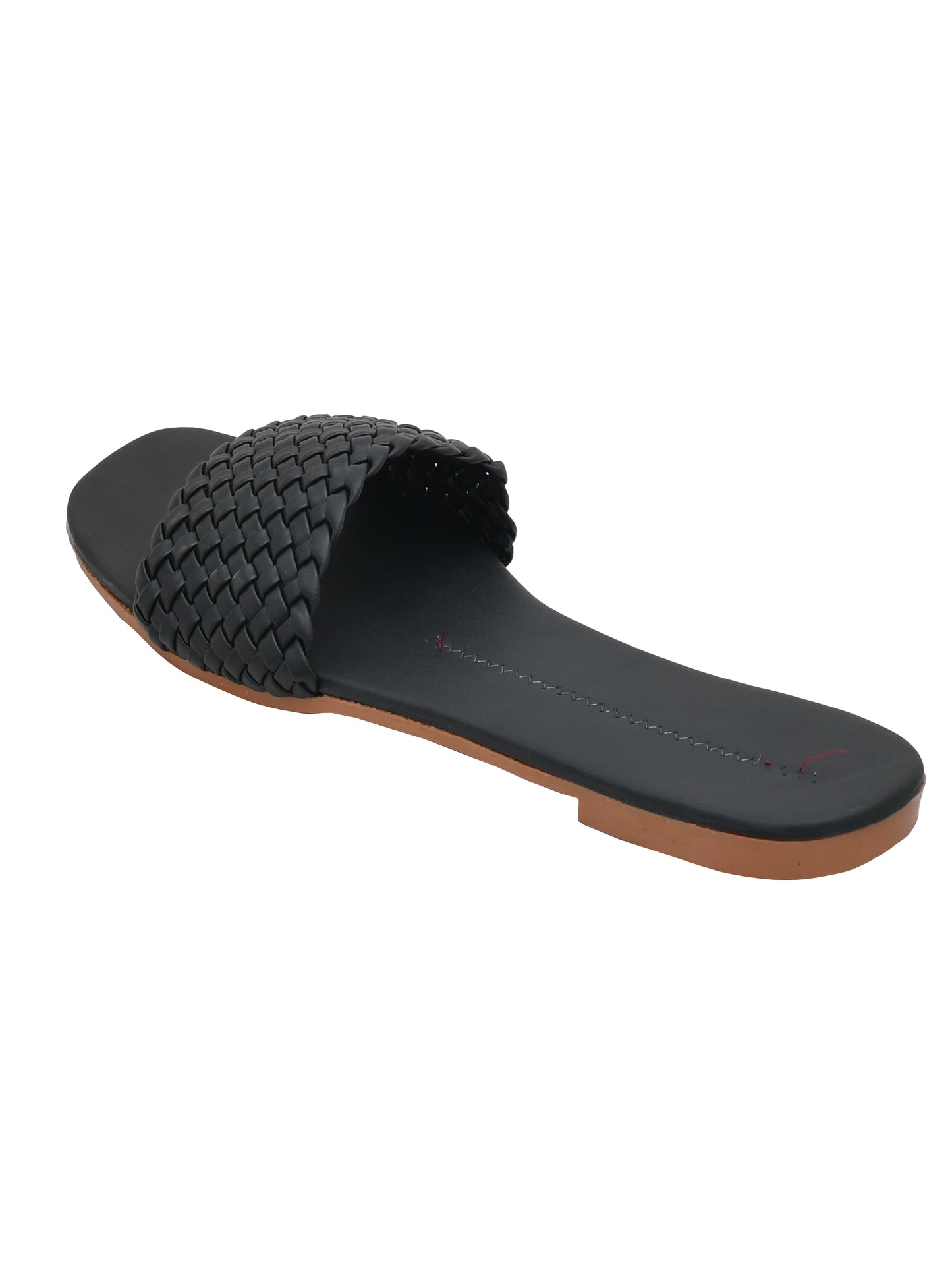 Women Woven Design Open Toe Flats (OMFLT-005-BLACK)