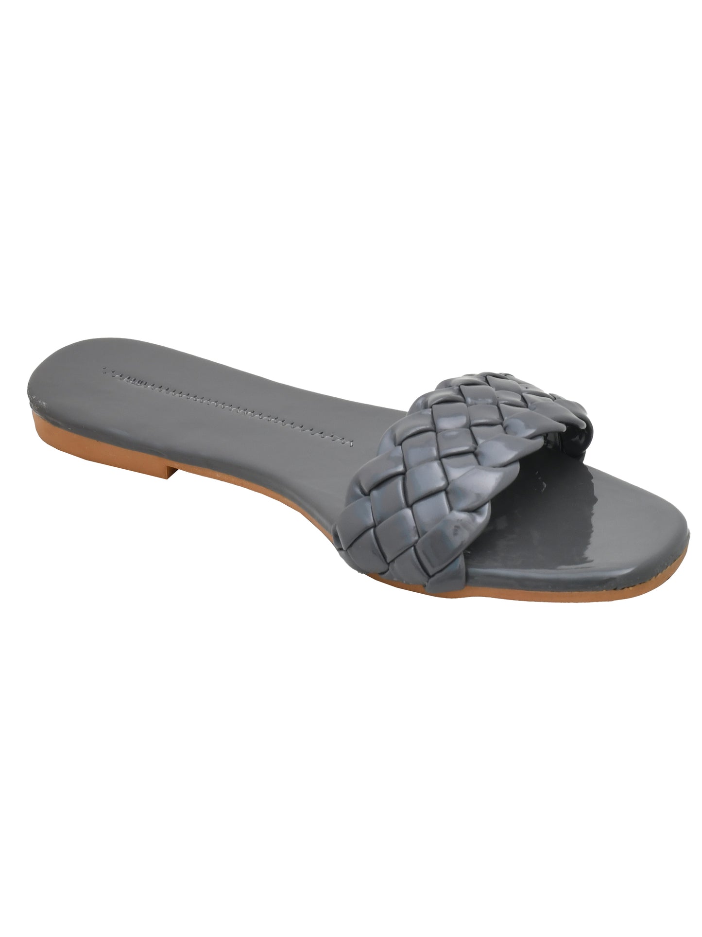 Women Woven Design Grey Open Toe Flats (OMFLT-004-GREY)