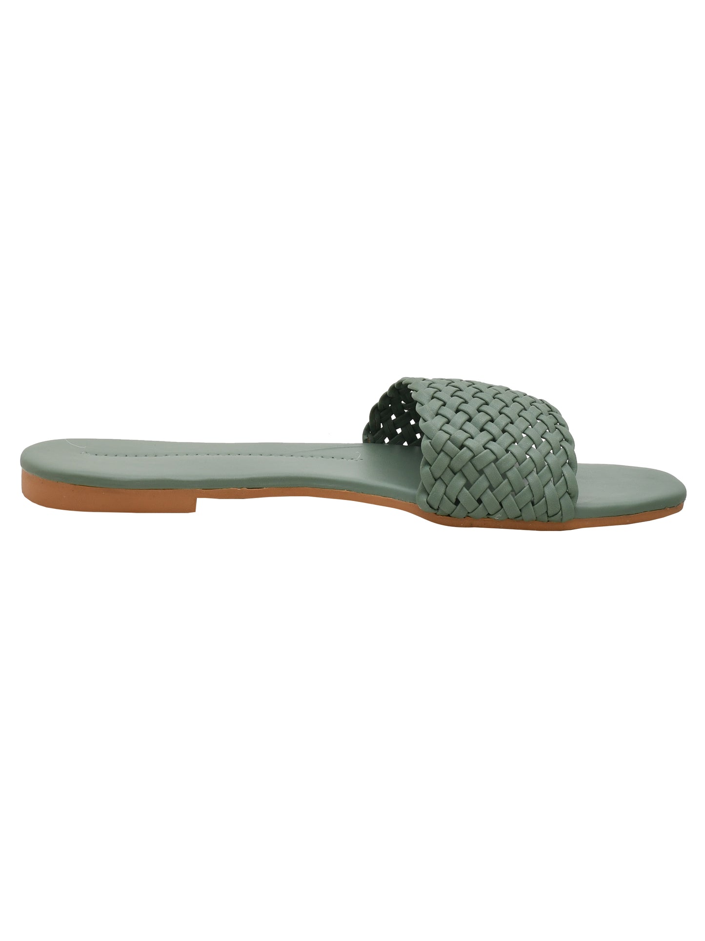 Women Woven Design Open Toe Flats (OMFLT-005-GREEN)