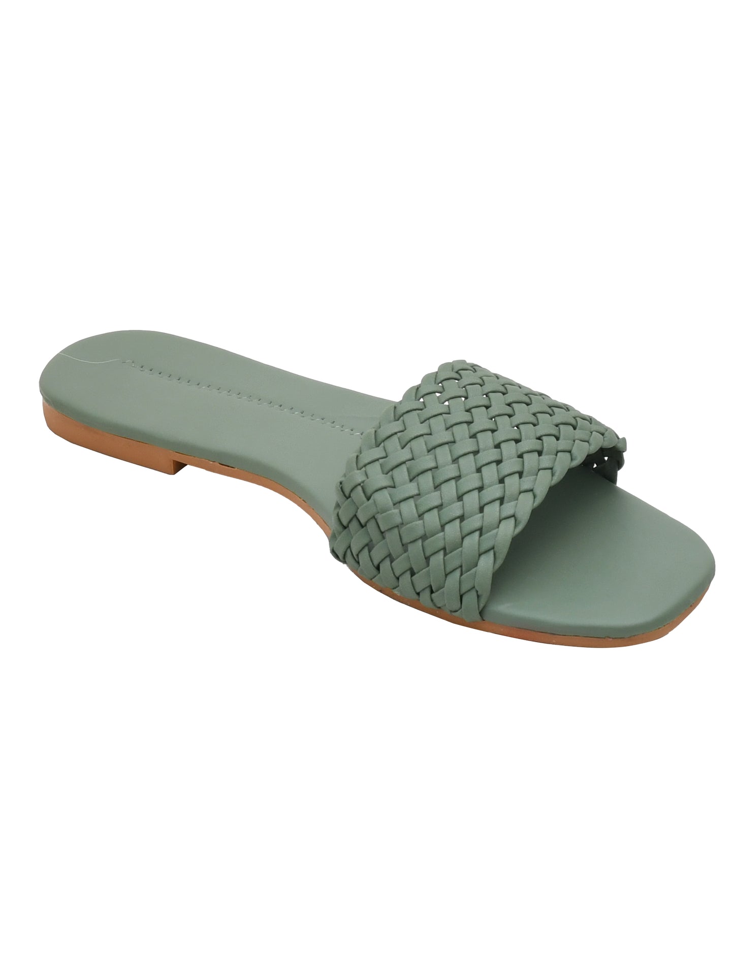 Women Woven Design Open Toe Flats (OMFLT-005-GREEN)