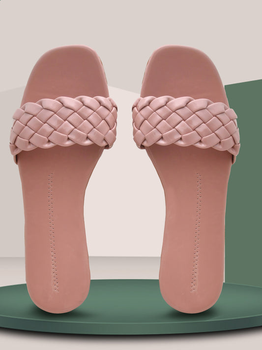 Women Woven Design Open Toe Flats (OMFLT-004-PINK)