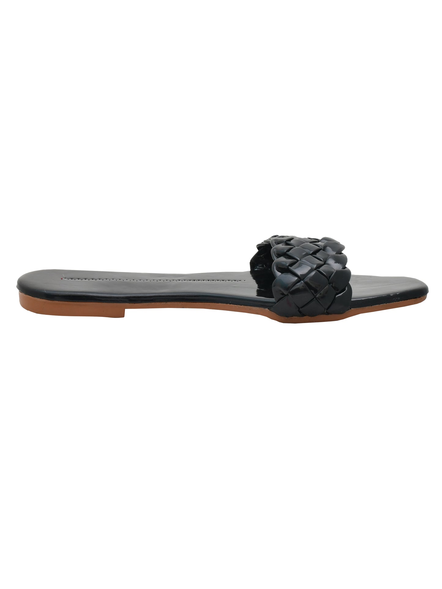 Women Woven Design Open Toe Flats (OMFLT-004-BLACK)