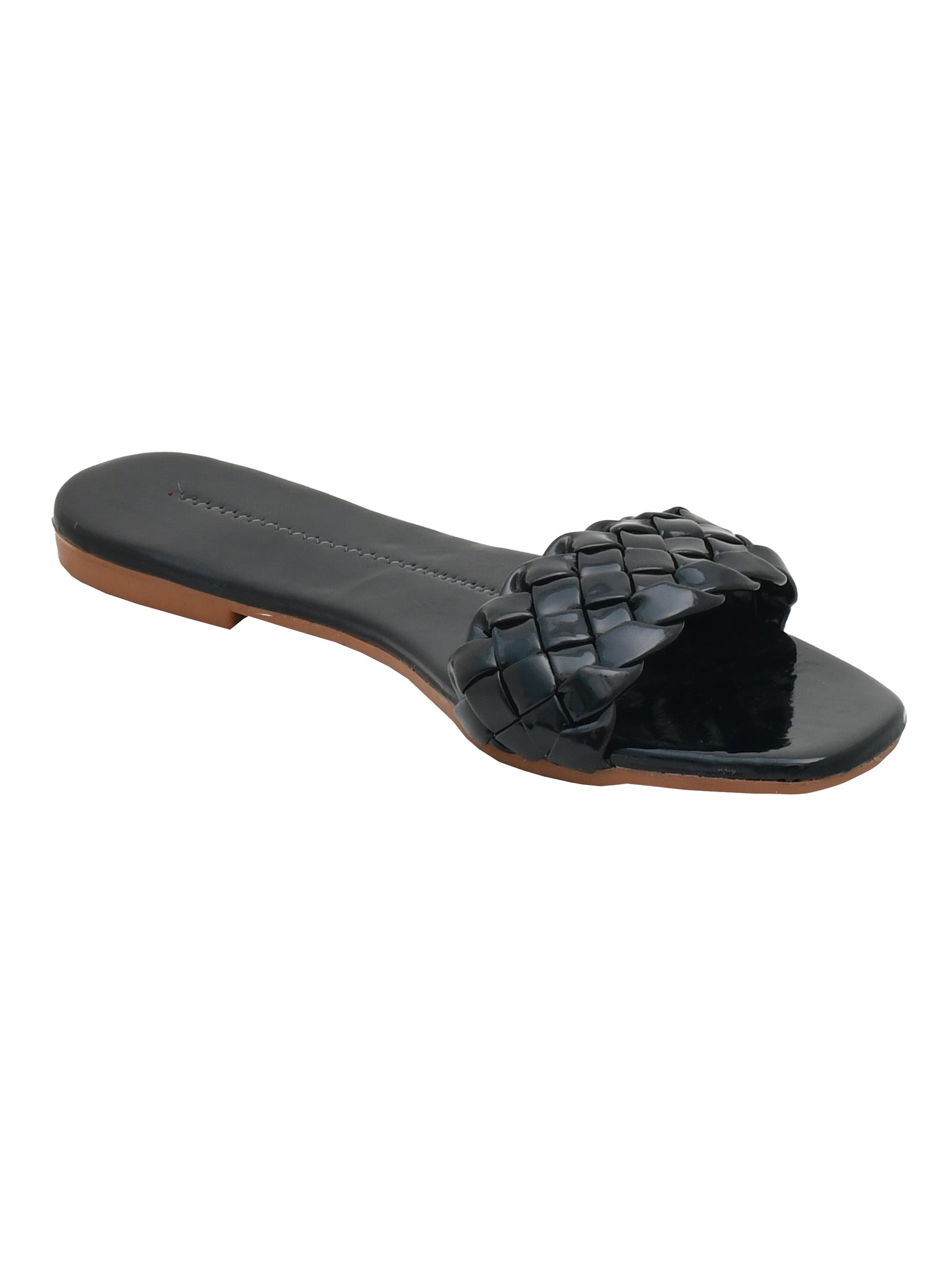 Women Woven Design Open Toe Flats (OMFLT-004-BLACK)