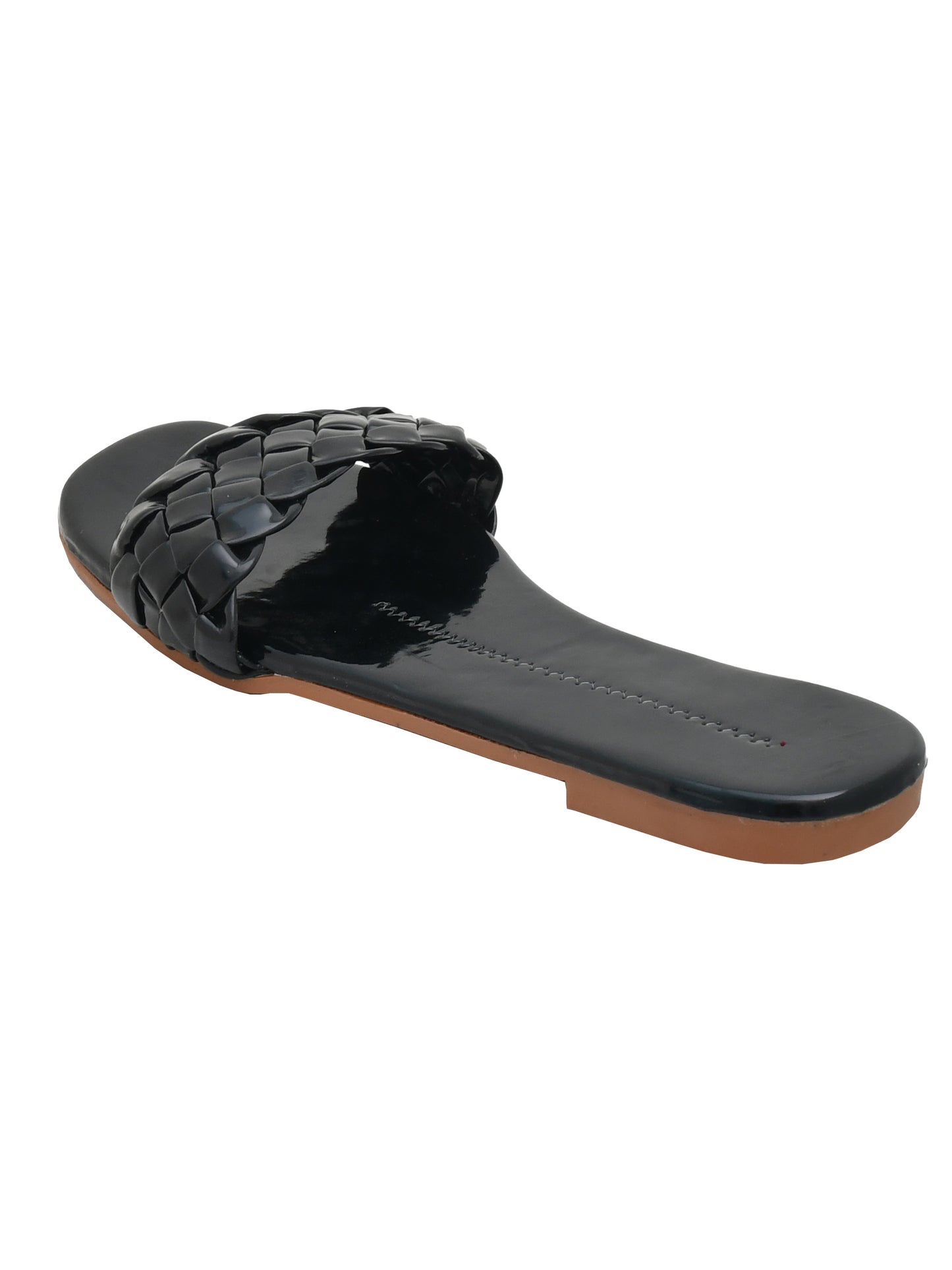 Women Woven Design Open Toe Flats (OMFLT-004-BLACK)