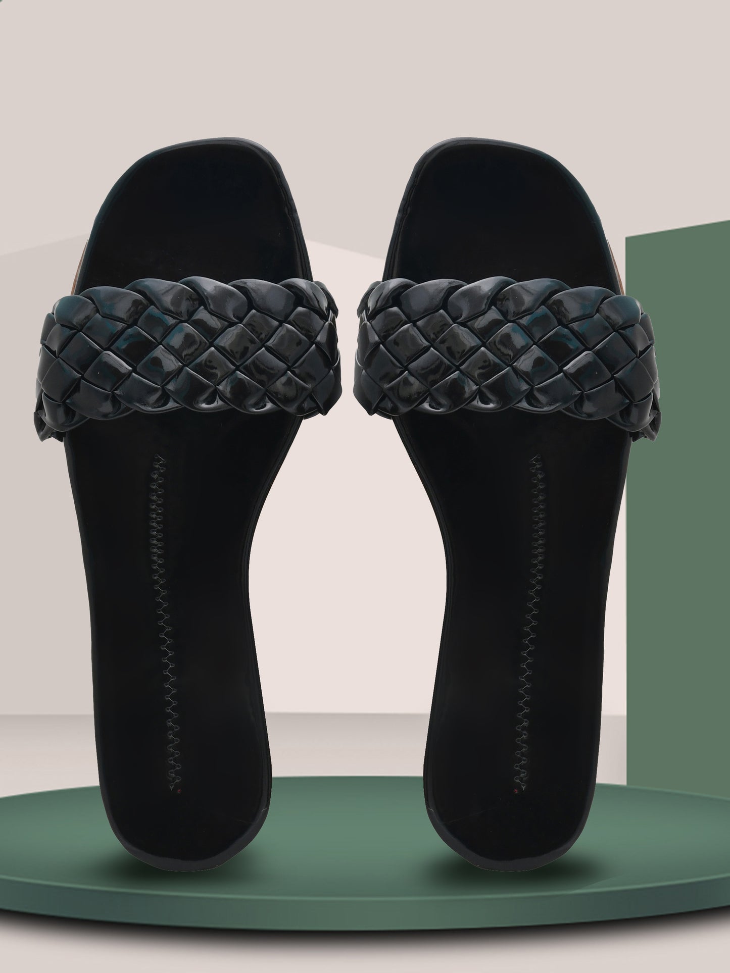 Women Woven Design Open Toe Flats (OMFLT-004-BLACK)