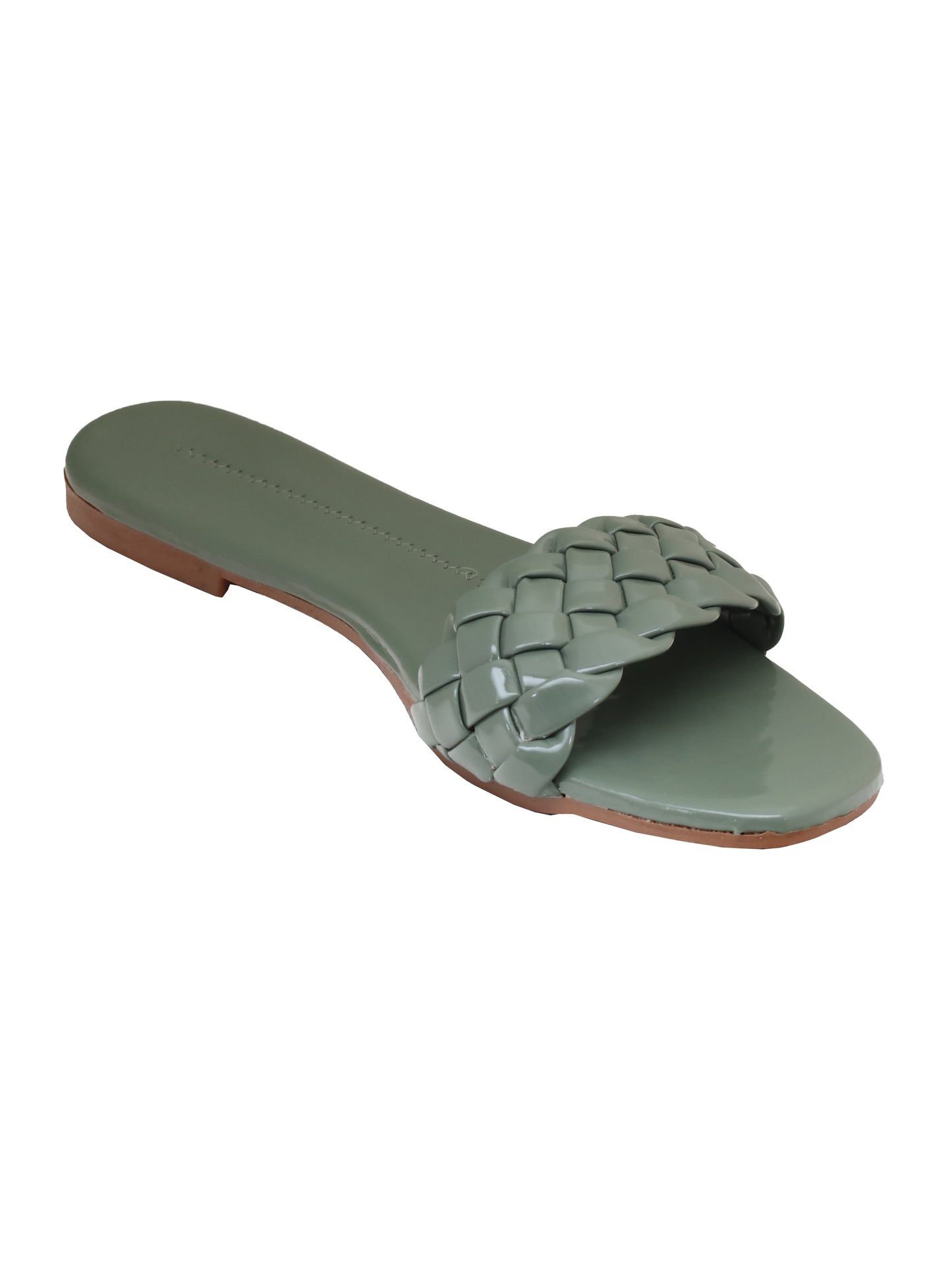 Women Woven Design Open Toe Flats (OMFLT-004-GREEN)