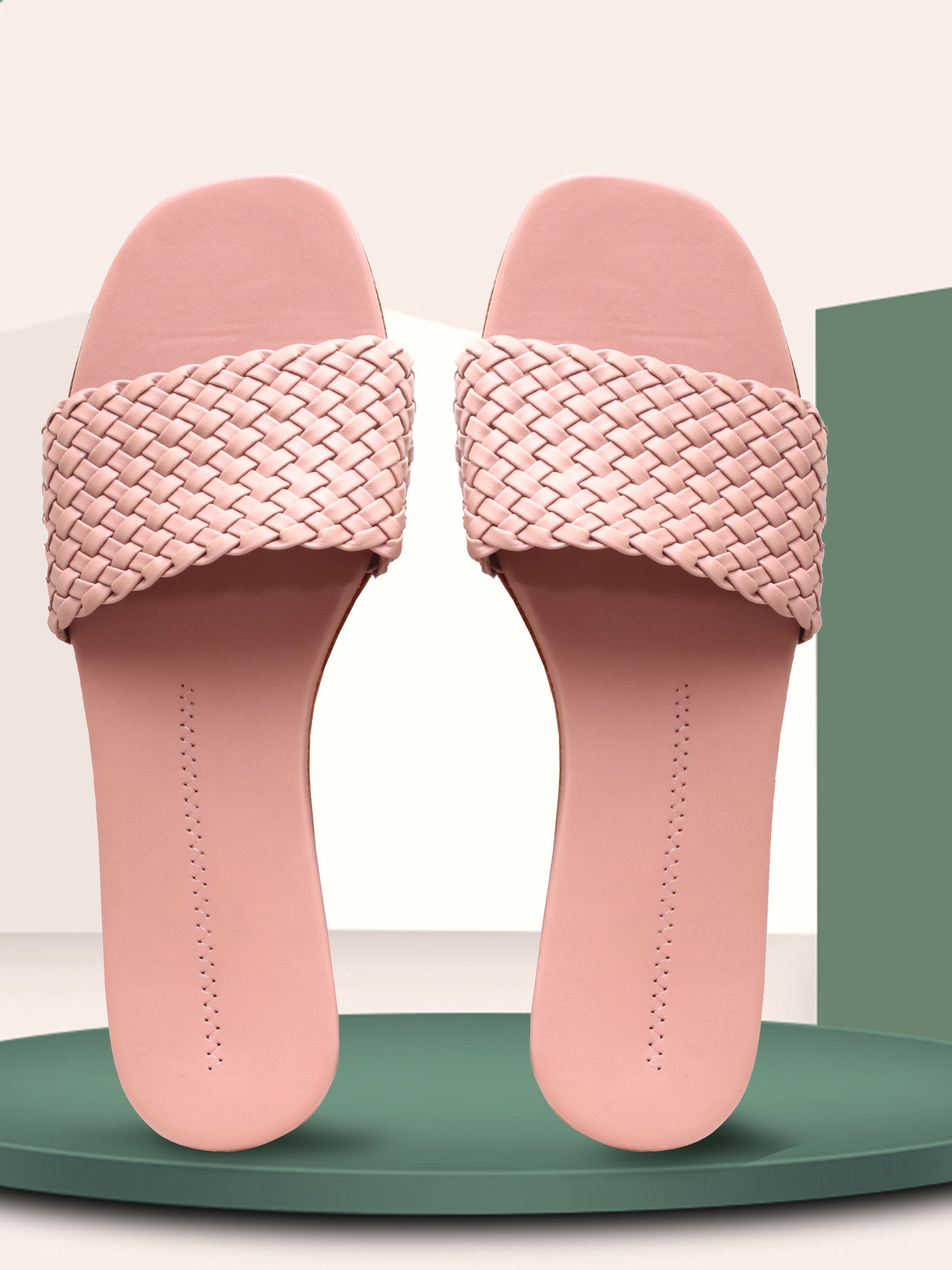 Women Woven Design Open Toe Flats (OMFLT-005-PINK)