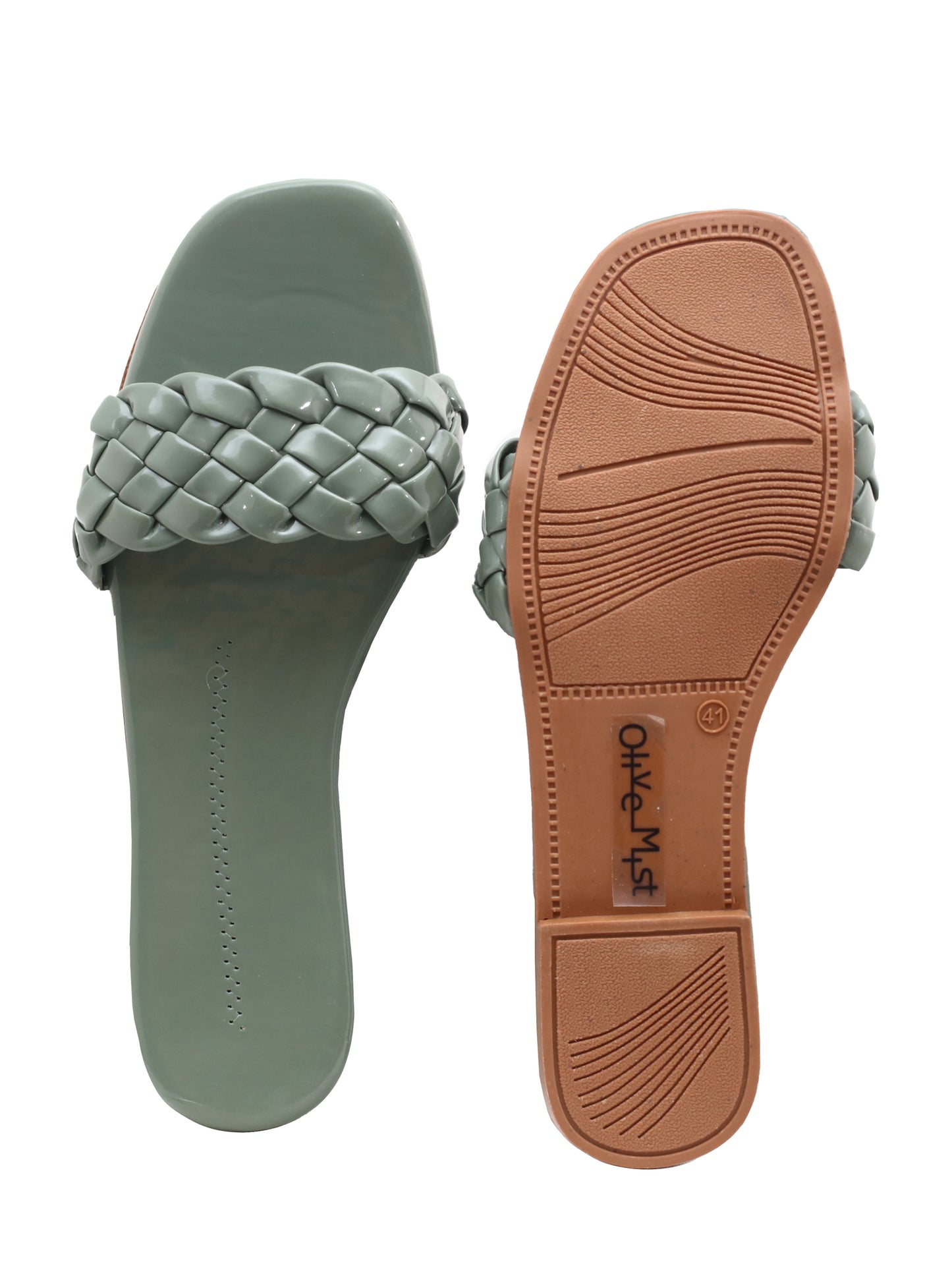 Women Woven Design Open Toe Flats (OMFLT-004-GREEN)