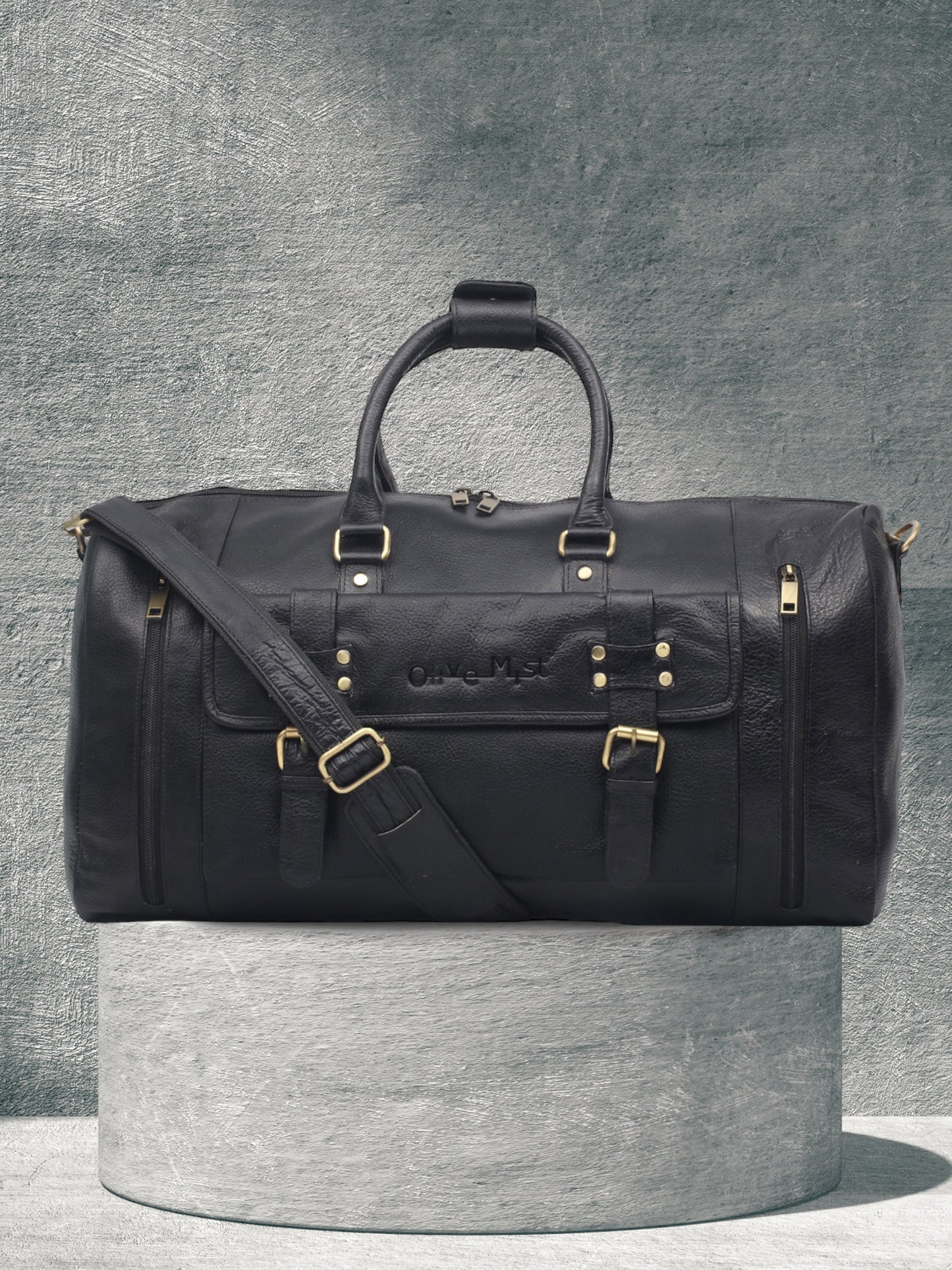 Black Textured Genuine Leather Duffel Bag Cabin Size (OMDB-032-BLACK)