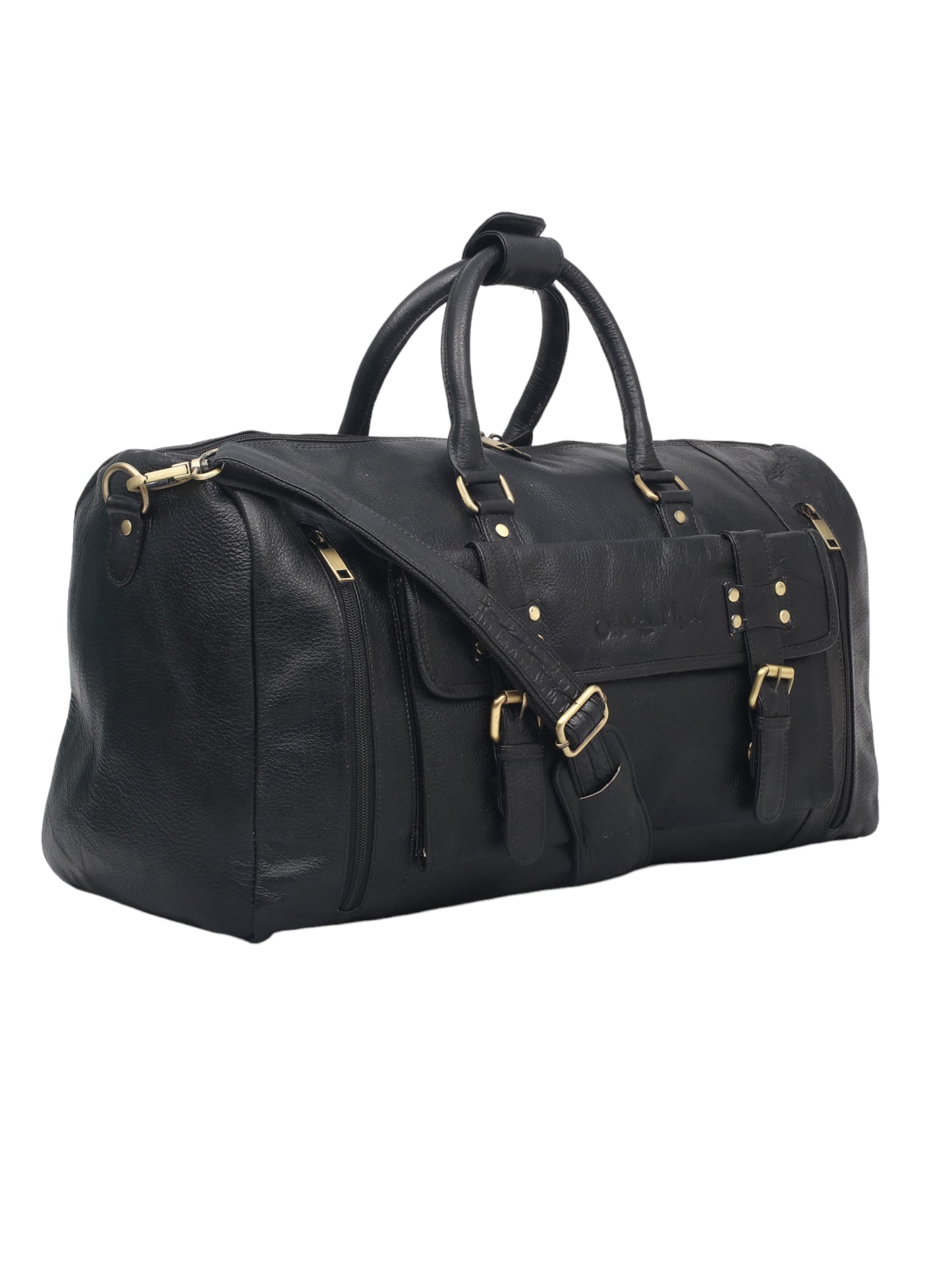 Black Textured Genuine Leather Duffel Bag Cabin Size (OMDB-032-BLACK)