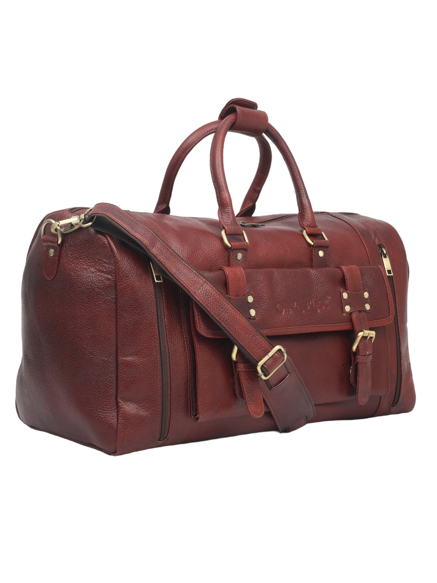 Brown Textured Genuine Leather Duffel Bag Cabin Size (OMDB-032-B-BROWN)