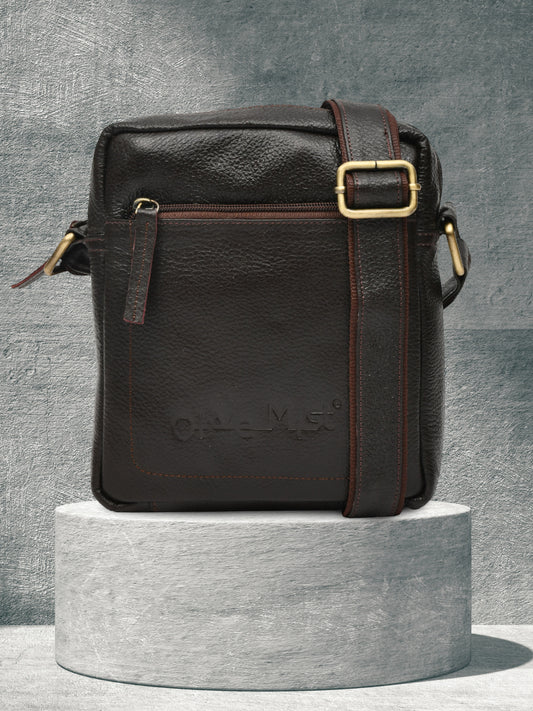 Unisex Brown Leather Messenger Bag for Travel (OMMB-033-C-BROWN)