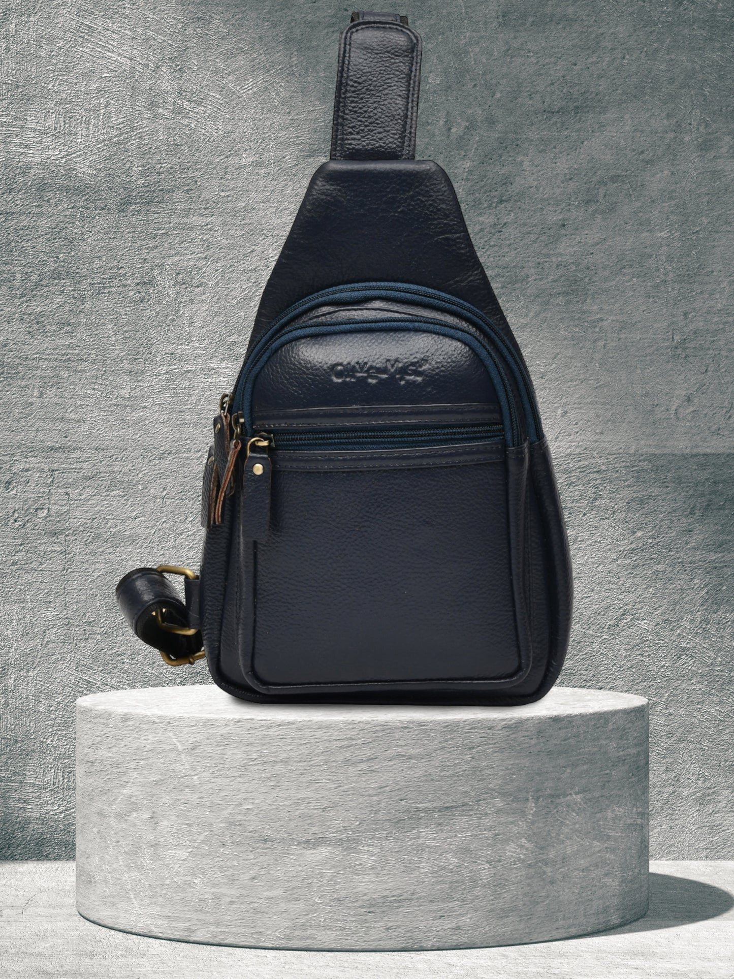 Textured Navy Blue Crossbody Leather Backpack (OMCB-036-BLUE)