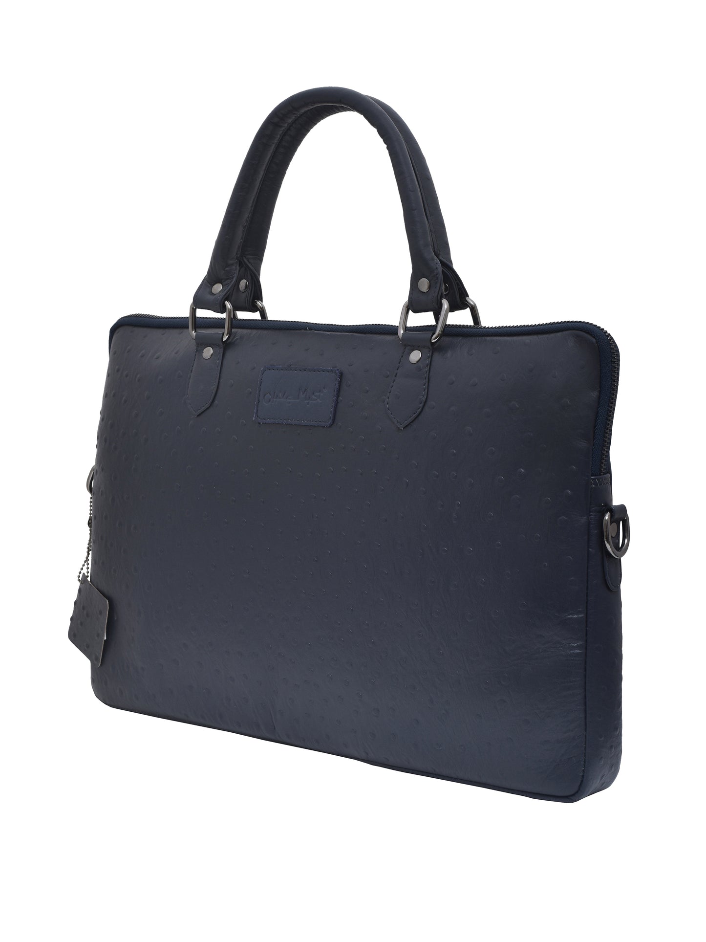 Unisex Navy Blue Ostrich Printed Leather Laptop Bag (OMLB-001-O-BLUE)