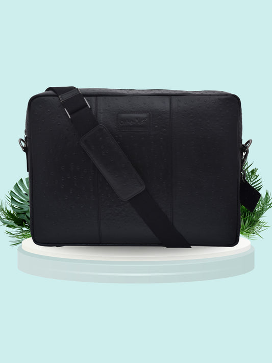 Unisex Black Ostrich 16 Inch Leather Laptop Bag (OMLB-005-O-BLACK)