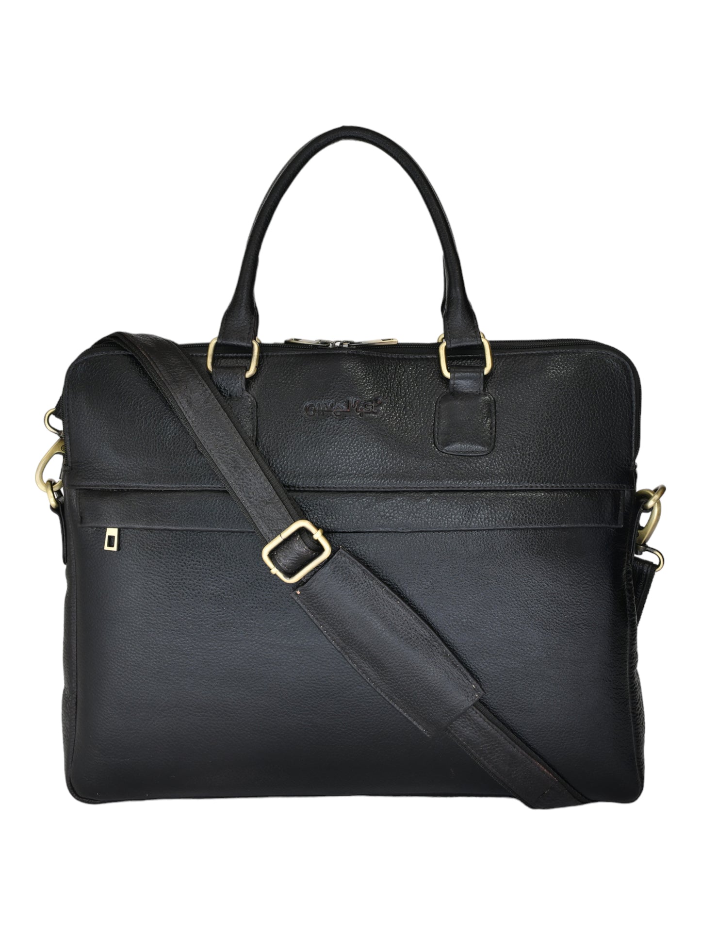 Unisex Black Solid Leather Laptop Bag 16 Inch (OMLB-029N-BLACK)