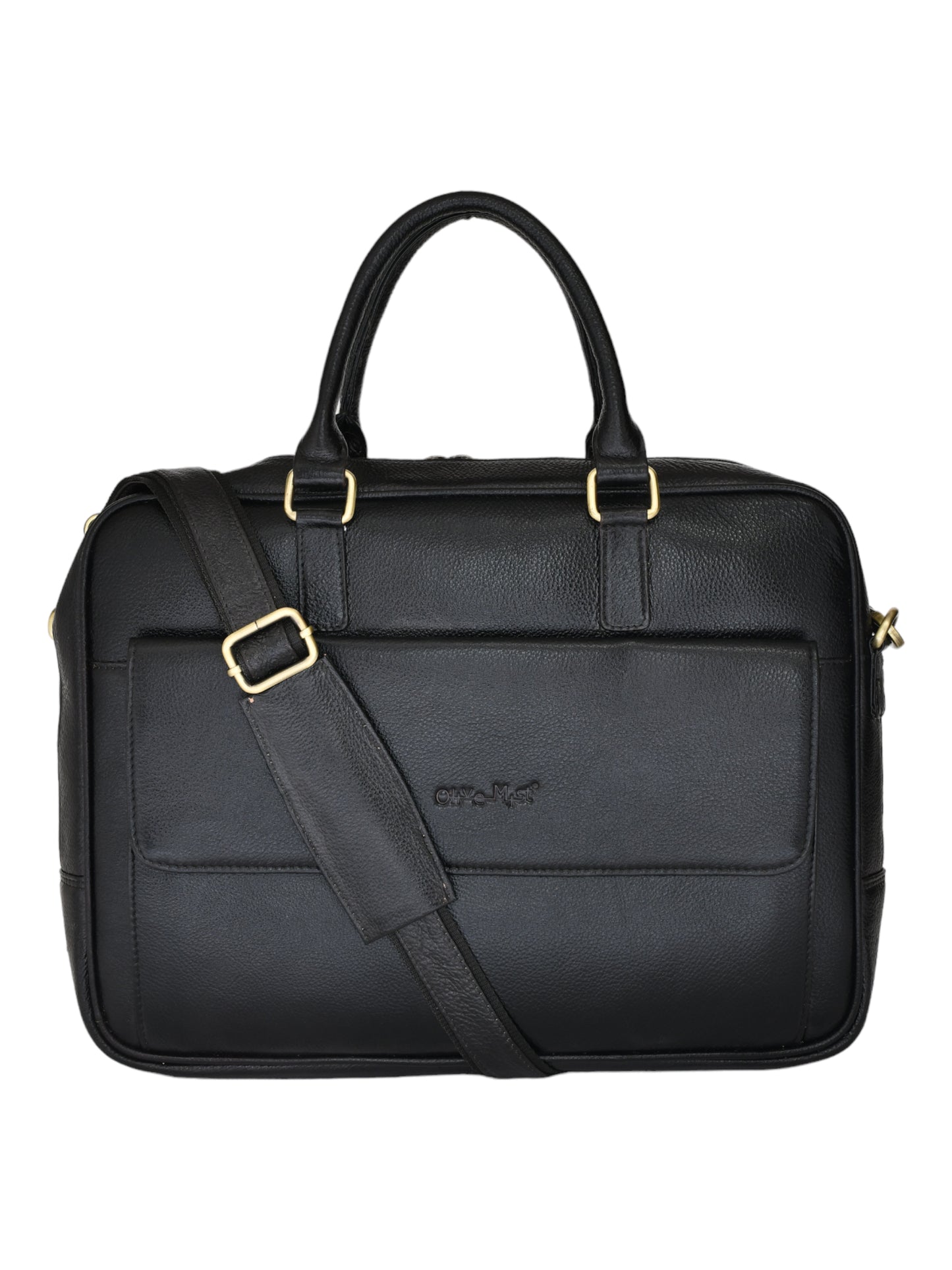 Unisex Black Solid Leather Laptop Bag 16 Inch (OMLB-030N-BLACK)