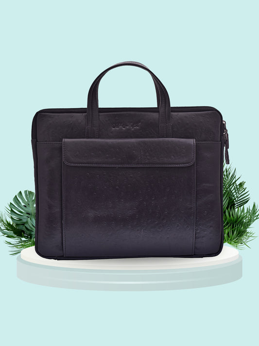 Unisex Black Ostrich Textured Leather Laptop Sleeve 14 Inch (OMLS-010-O-BLACK)
