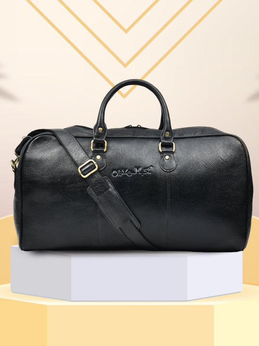 Black Textured Genuine Leather Duffel Bag Cabin Size (OMDB-030-BLACK)