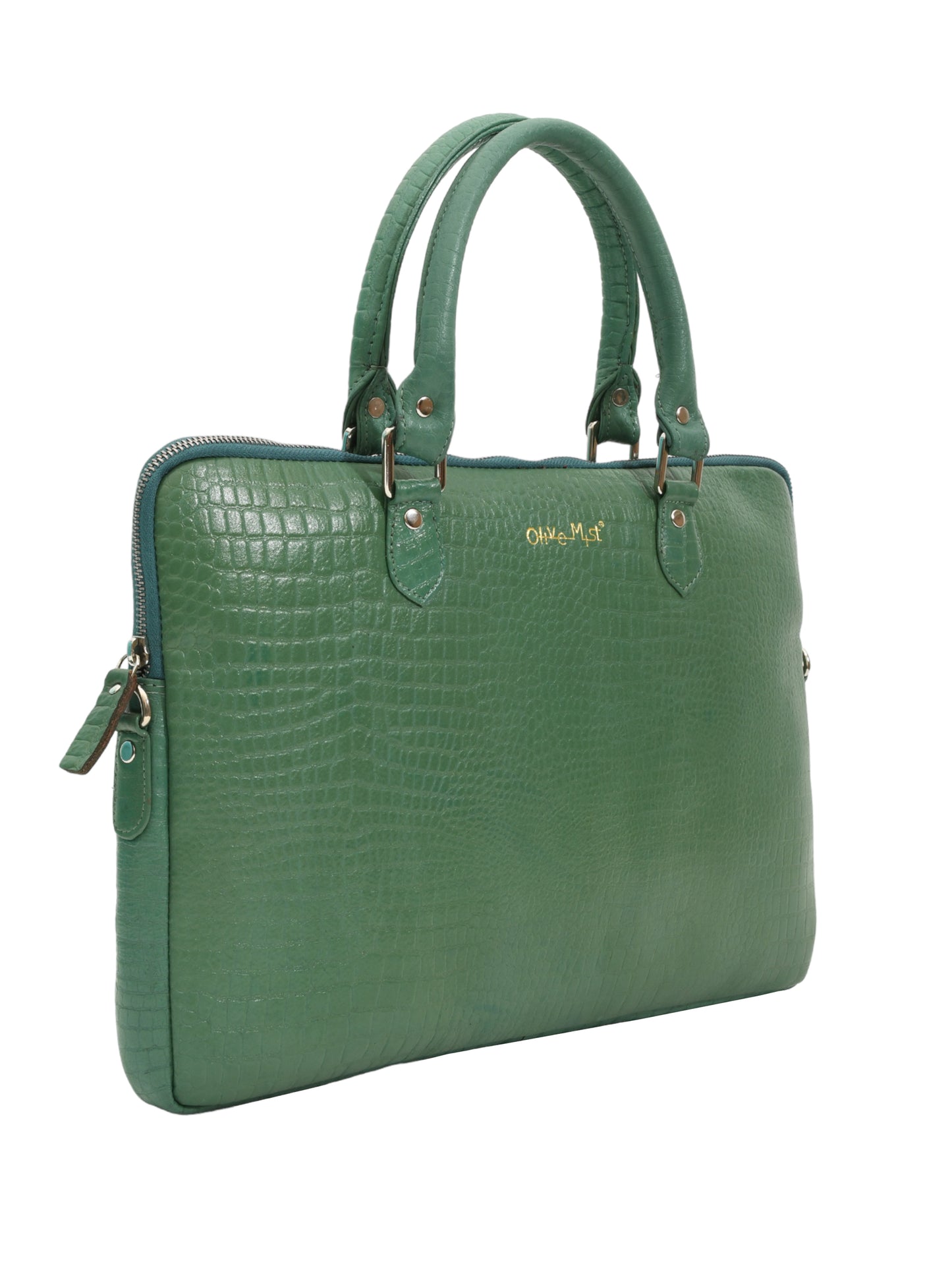 Unisex Genuine Leather Laptop Bag - Green Croco Textured  16 Inches (OMLB-001-C-GREEN)