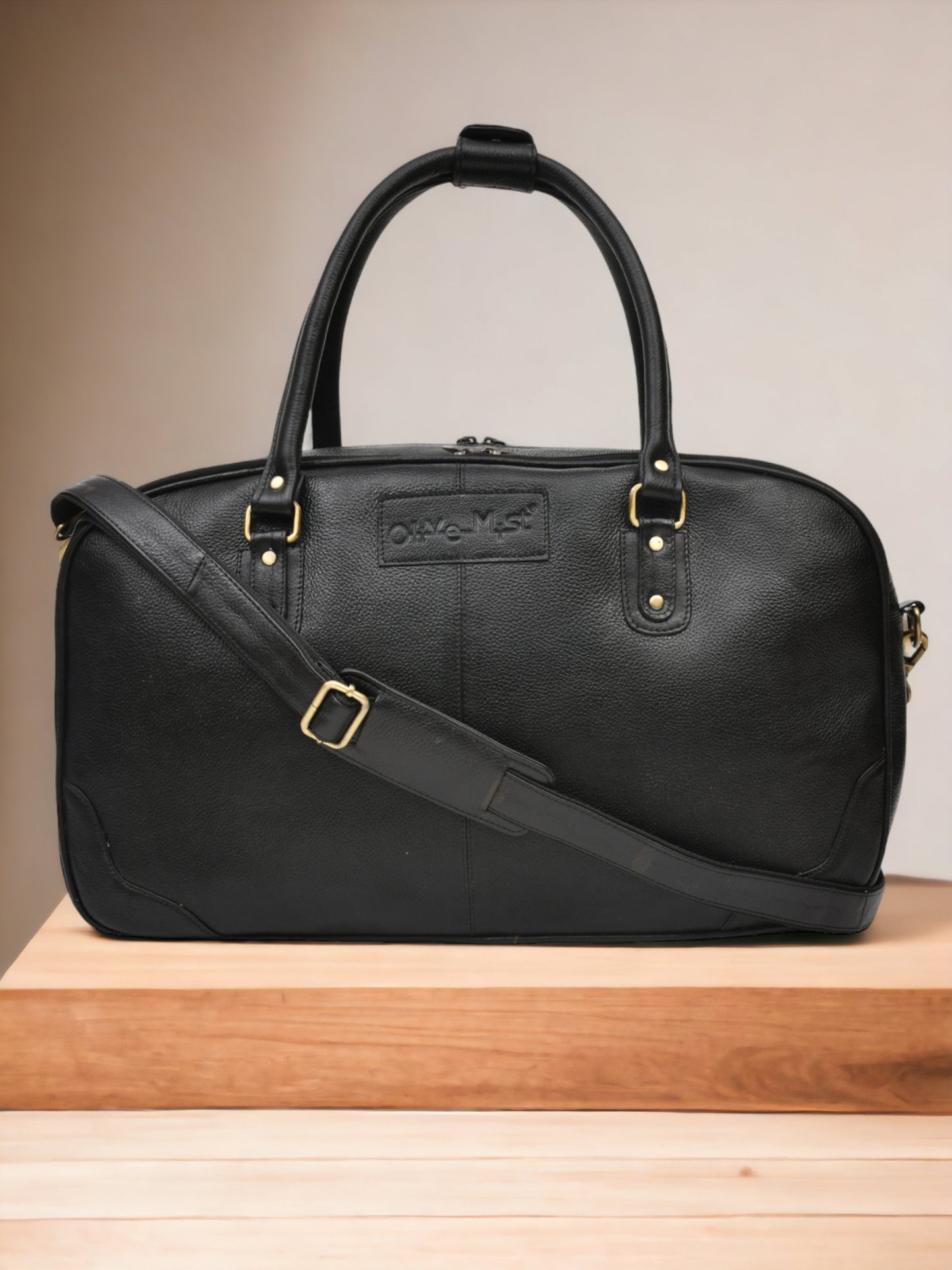 Genuine Leather Black Textured Duffel Bag Cabin Size (OMDB-028-BLACK)