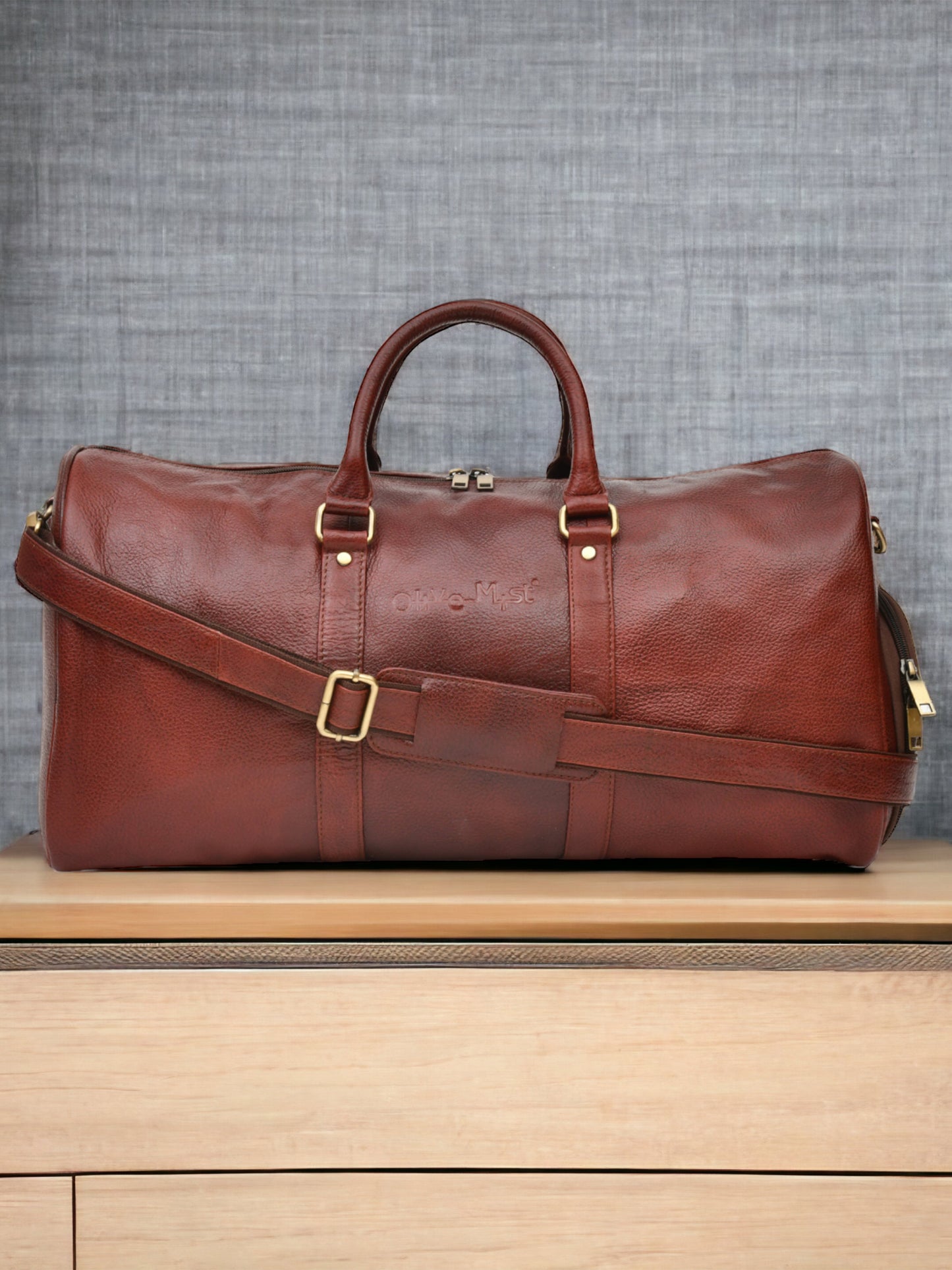 Brown Textured Genuine Leather Duffel Bag Cabin Size (OMDB-029-B-BROWN)