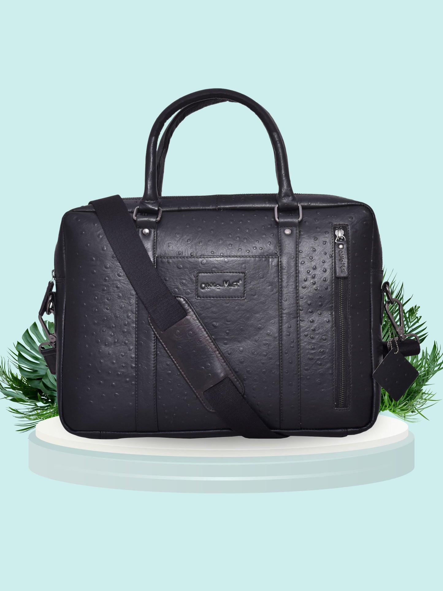 Black Unisex Ostrich Leather Laptop Bag 16 Inch (OMLB-006-O-BLACK)