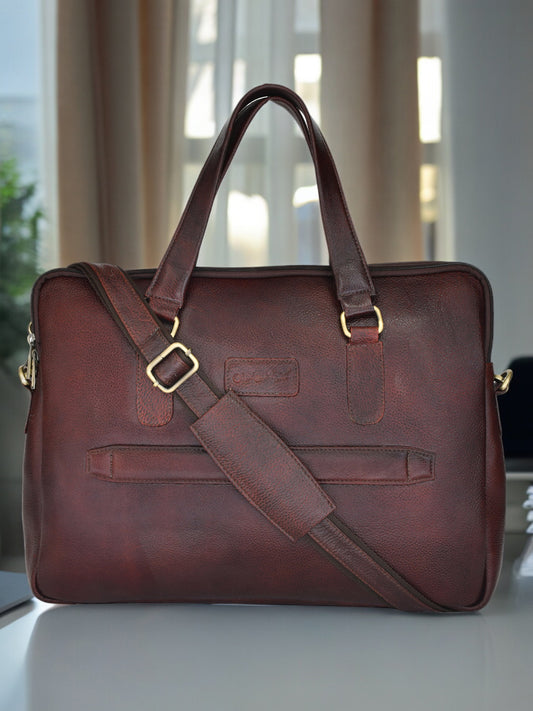 Unisex Brown Solid Leather Laptop Bag 16 Inch (OMLB-028N-B-BROWN)