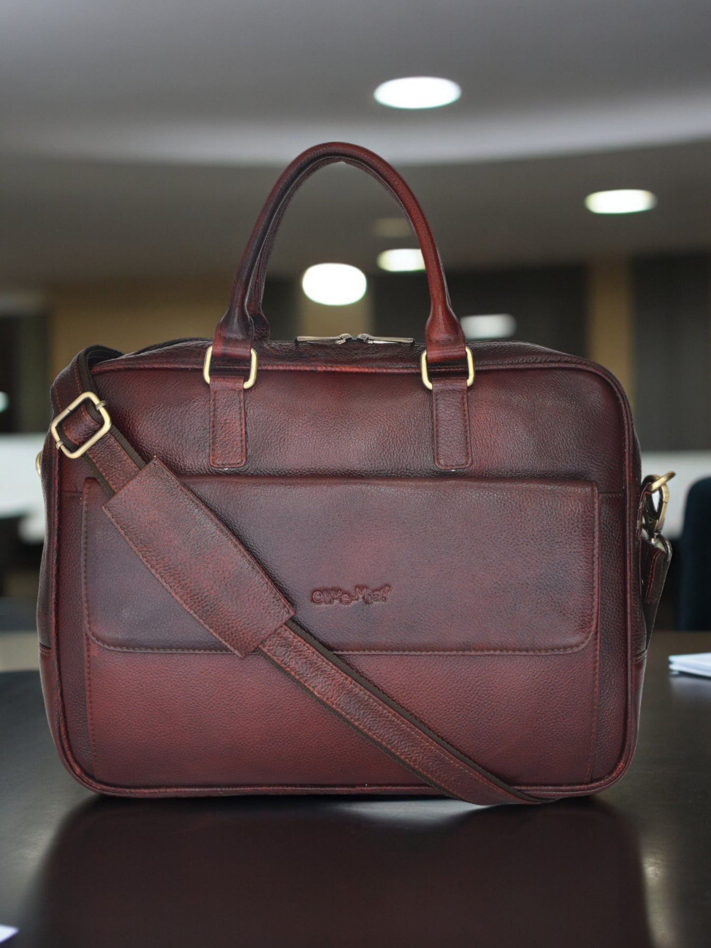 Unisex Brown Solid Leather Laptop Bag 16 Inch (OMLB-030N-B-BROWN)