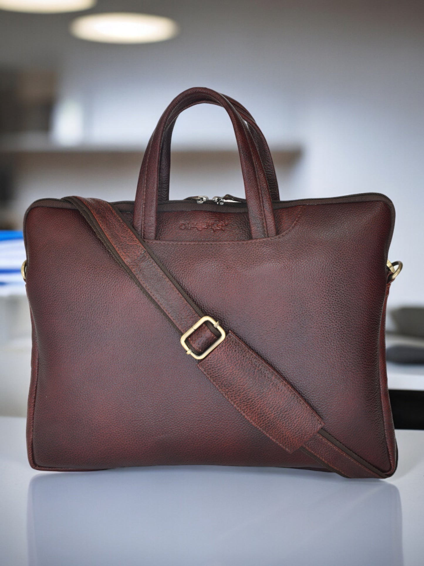 Unisex Brown Solid Leather Laptop Bag 16 Inch (OMLB-031N-B-BROWN)